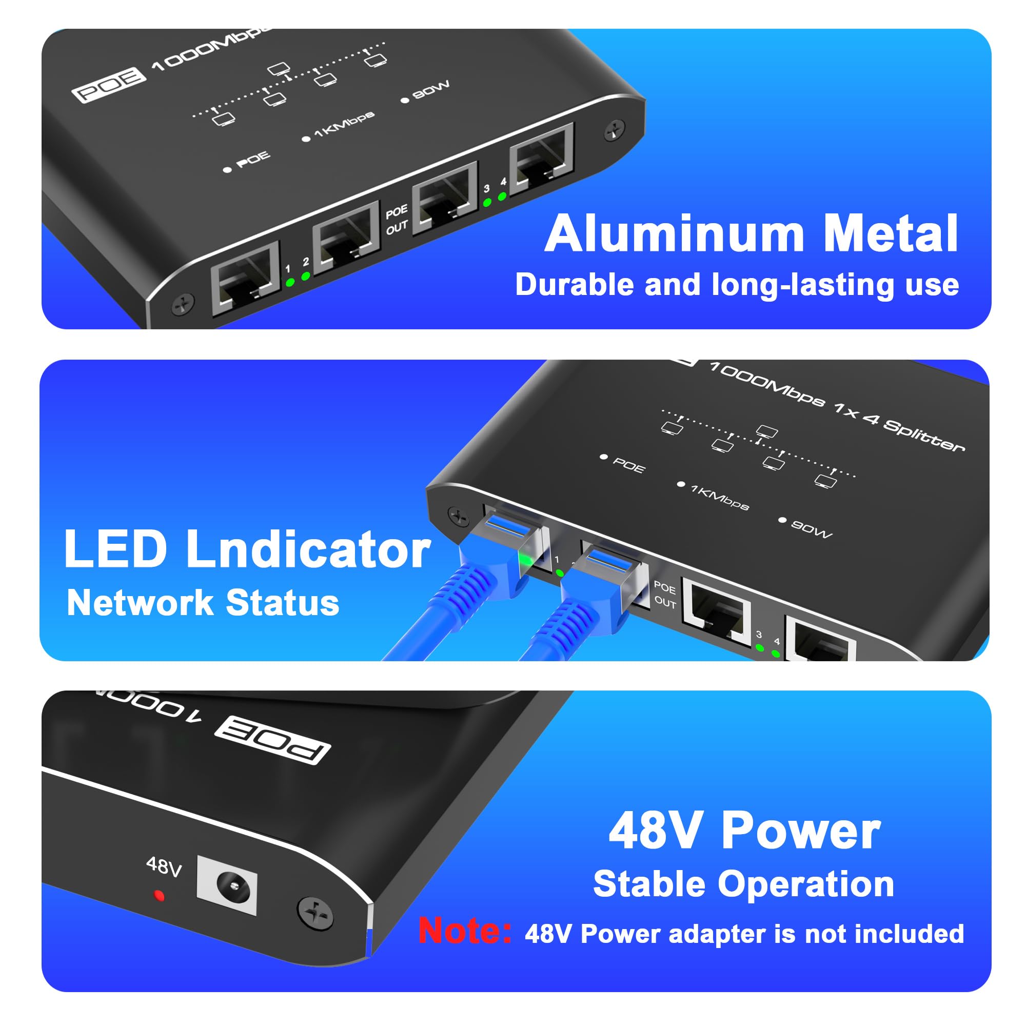 Commutateur PoE 1 entrée 4 sorties, répartiteur PoE Gigabit 4 ports, répartiteur Ethernet, adaptateur PoE vers PoE, fournit PoE (15,4 W) ou PoE+ (30 W), Plug & Play, distance jusqu'à 100 m