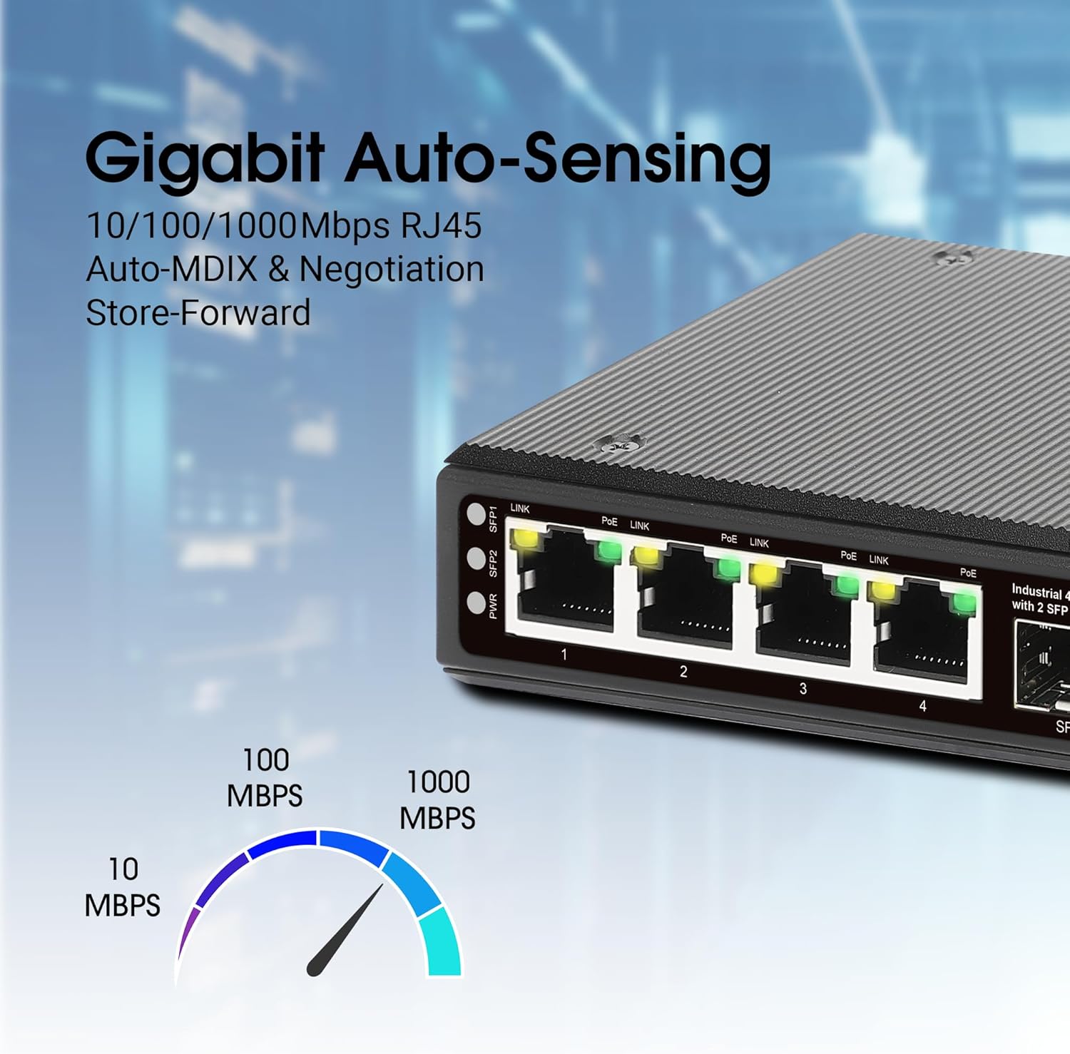 Intellinet 4-Port Industrial Gigabit Ethernet PoE++ Switch with 2 SFP Ports- 95W Per Port, Poe Budget 240W, IP40 Rated Metal Housing, DIN-Rail Mount, Terminal Block Powered-3 Yr Mfg Warranty–508995