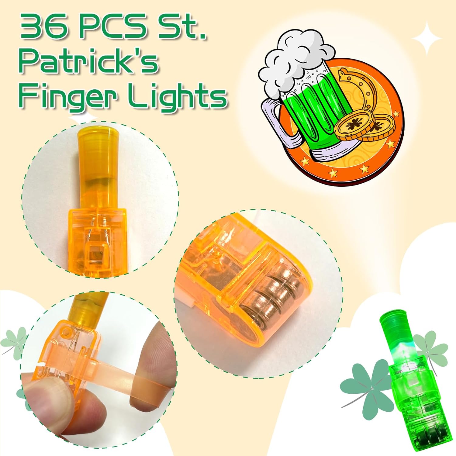 36Pcs St.Patricks Day Finger Lights Light Up Toys Led Glow Finger Lights Glow in The Dark Toys Bulk for Stocking Stuffers St.Patricks Gifts Classroom Prizes Goodie Bag Fillers Party Supplies