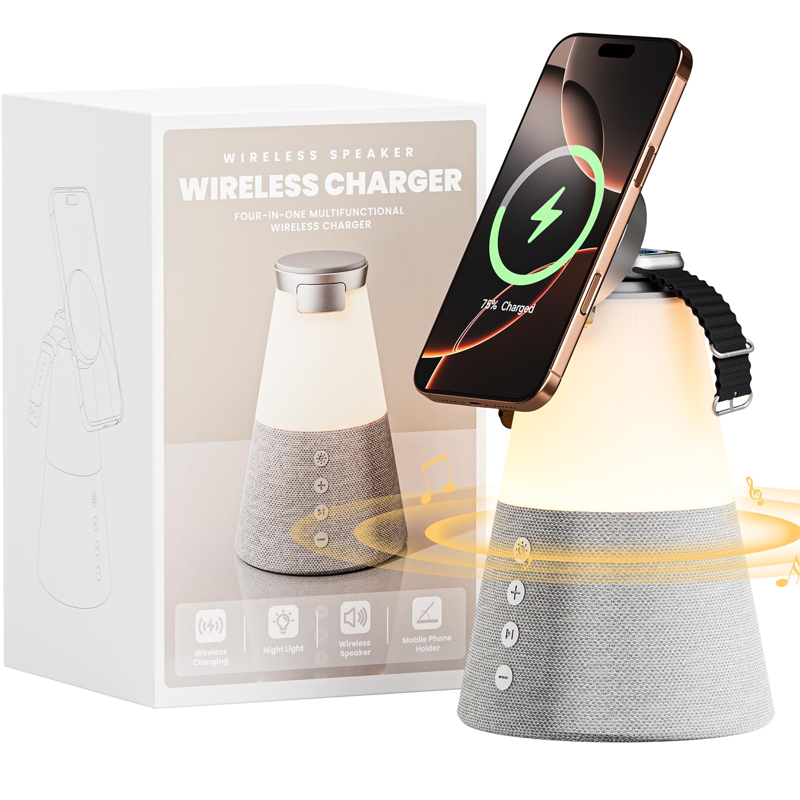 Bluetooth Lautsprecher mit Licht, 4 in 1 15W Tragbarer Lautsprecher Magnetisches Kabelloses Ladegerät, Tragbare Bluetooth-Lautsprecher mit Telefonständer, Männer Geschenke Dimmbare