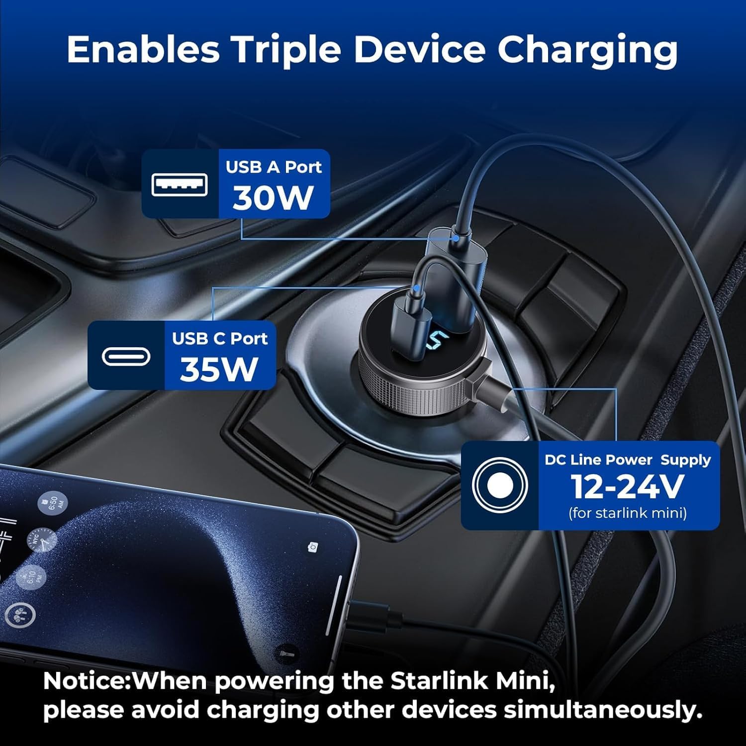 Starlink Mini Cable, 3 in 1 Starlink Mini Car Charger DC Power Cable+ Cigarette Lighter Adapter 12V-48V with Digital Display, Durable USB C PD 40W and USB A 35W Ports for Trucks and Cars (13.1FT)