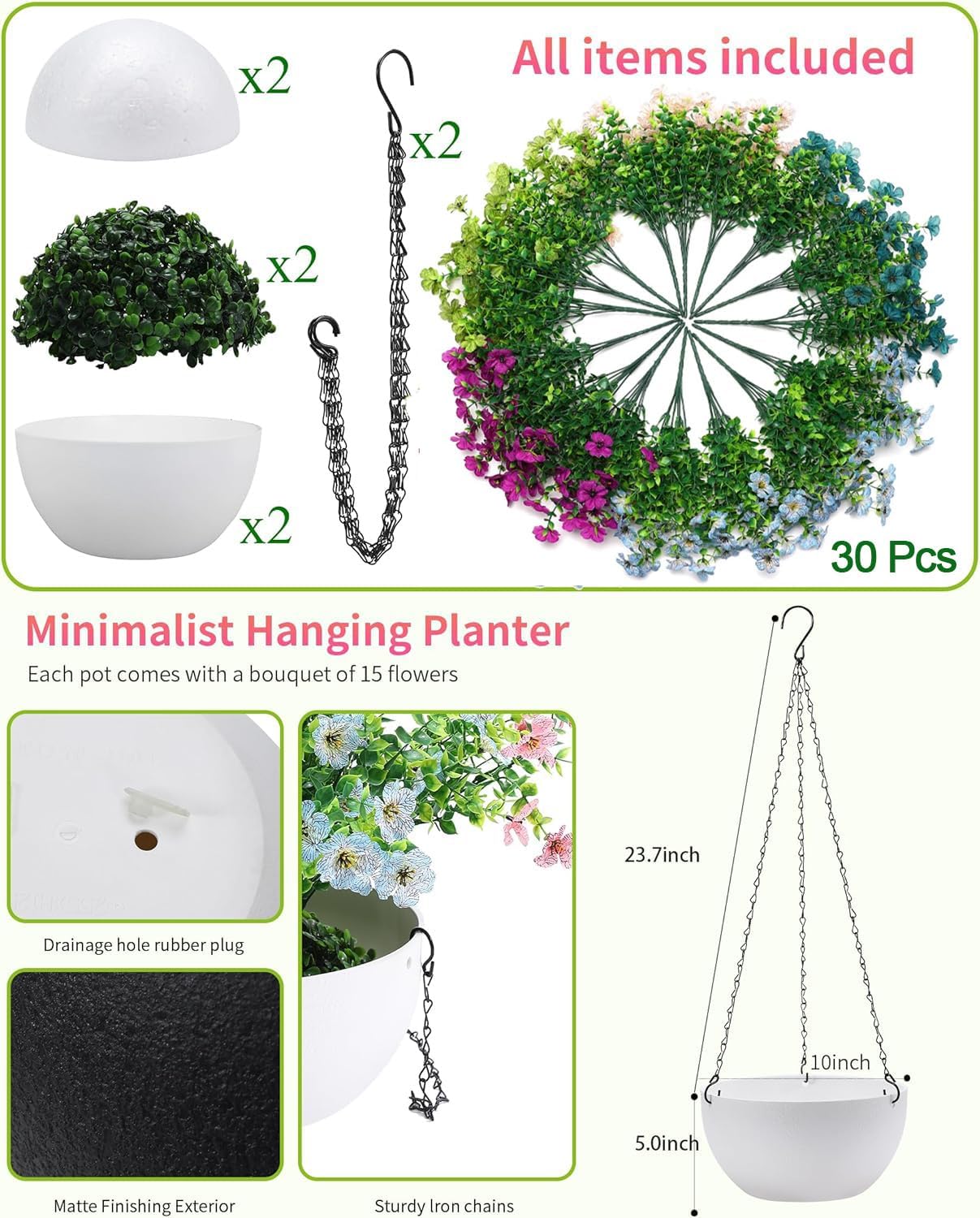 Artificial Hanging Flowers Basket for Outdoors, 30 Pack UV-Resistant Fake Colorful Silk Daisy Flowers (2 White Planters+30 Flowers(Green/Teal/Purple/Blue/Champagne))