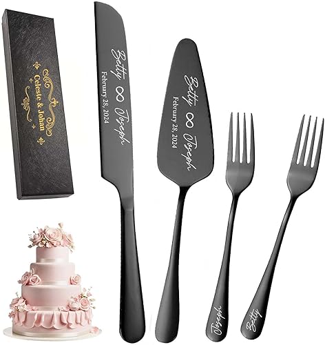 Juego de cuchillos y servidores personalizados para tartas de boda, tenedores de acero inoxidable, cortador de tartas, juego de corte de pastel