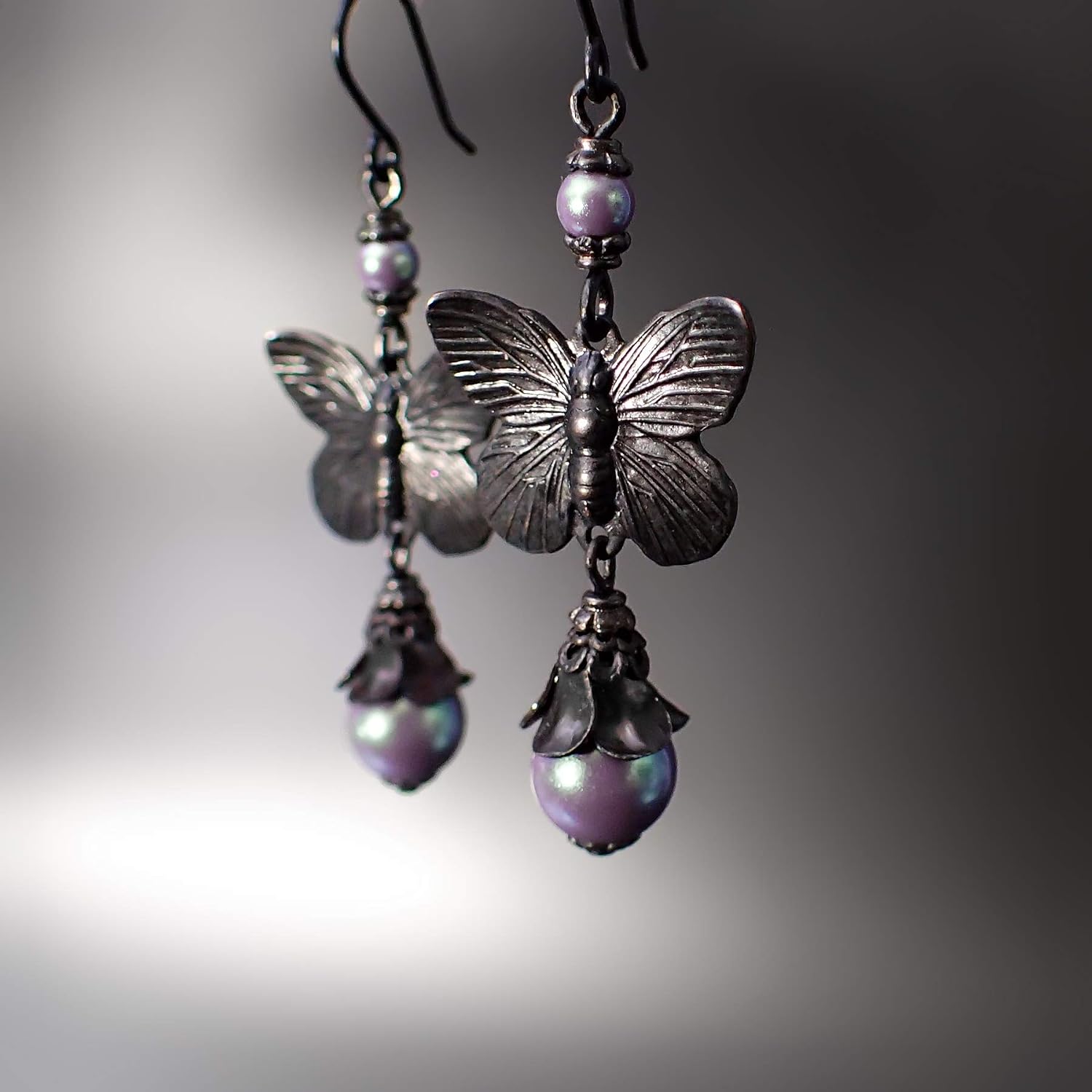 Long Goth Butterfly Floral Earrings with Iridescent Purple Simulated Pearls