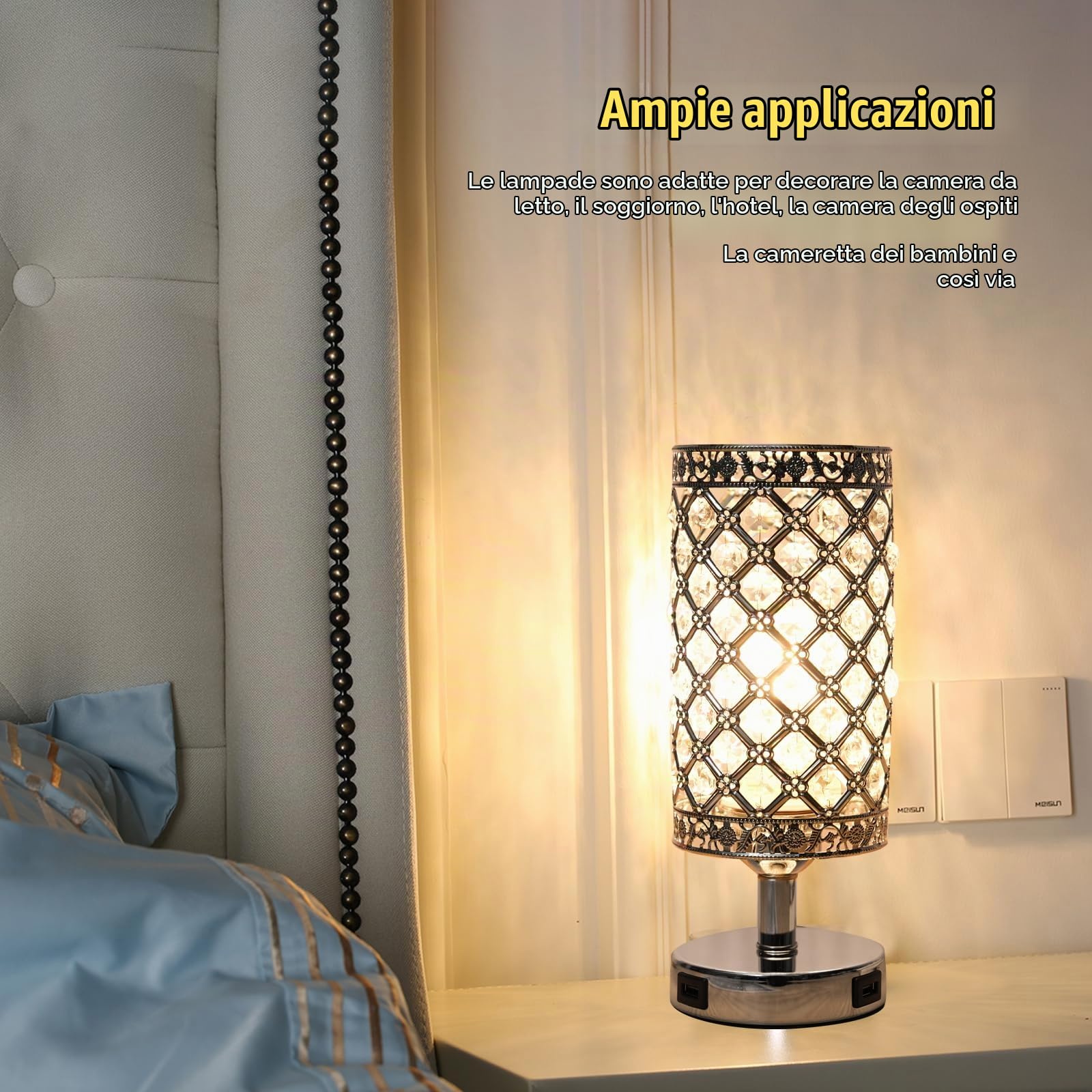 Tomshine Lampada da Comodino in Cristallo 2Pezzi, Lampada da Tavolo con 2 Ricarica USB Tocco di Supporto con 2 Lampadina Per Comodini da Camera da Letto