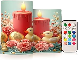 Flickering Flameless Candles, Easter Candle Eggs Duck Roses LED Candles with Remote Timer, Set of 2 Battery Operated Candle for Valentine Wedding Birthday