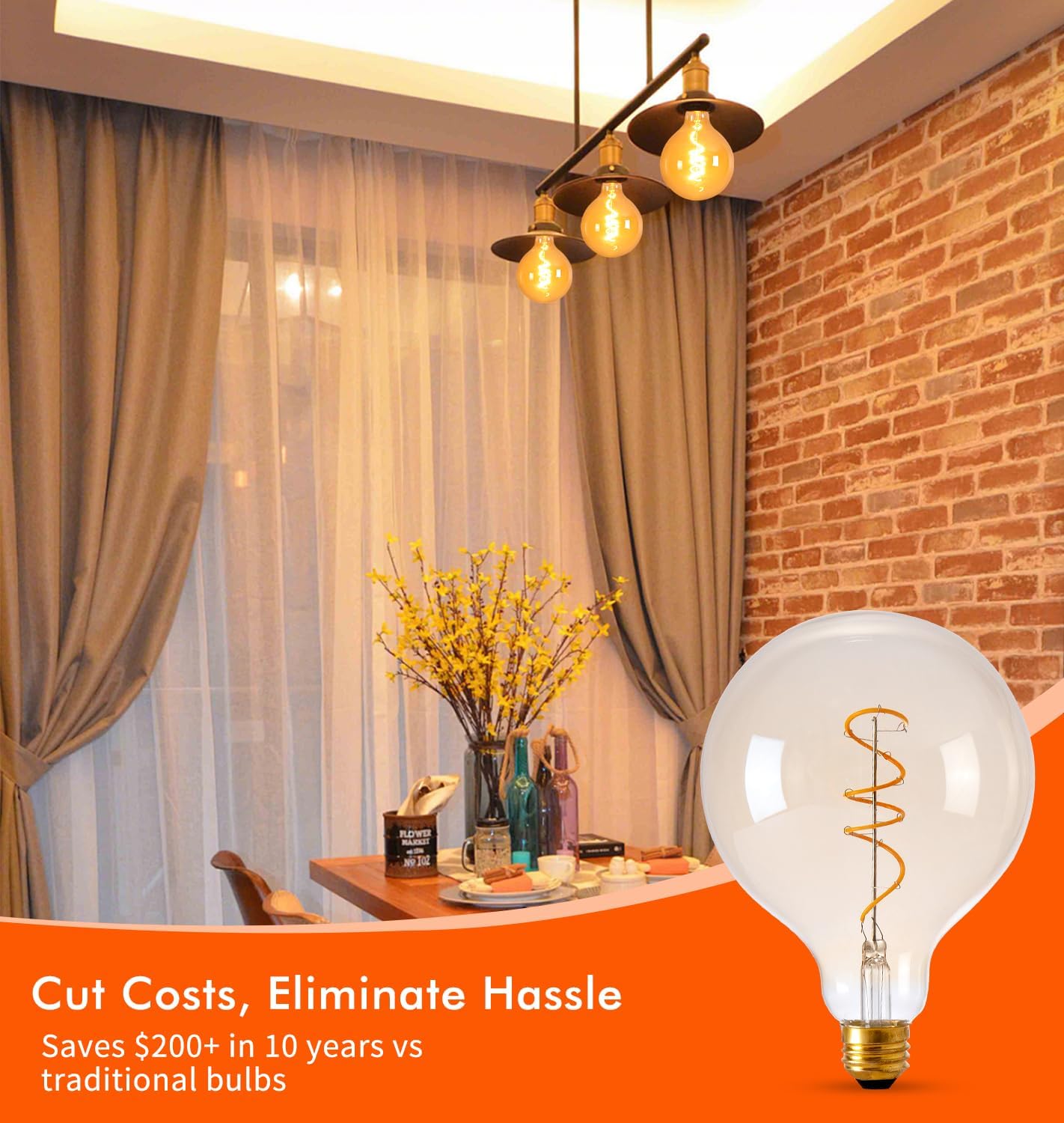 OMED G125/G40 Large Light Edison LED Vintage Bulb E26,Oversized Globe Dimmable Amber Glass Light Bulbs 2200K Warm White,Big Antique Round Lightbulb 6W Perfect for Pendant Lights, Floor Lamps 1 Pack