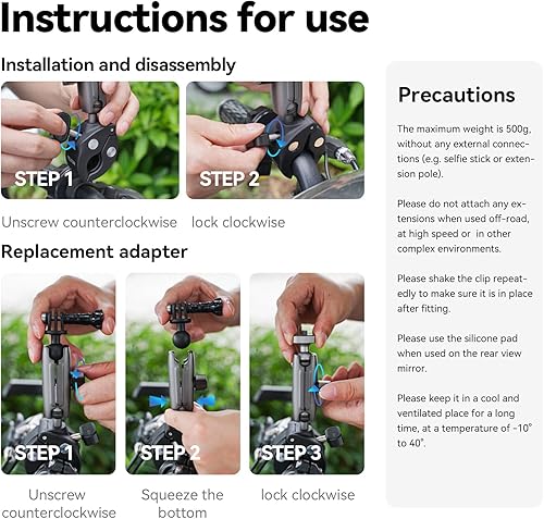 Miniatura 8 de TELESIN Soporte de cámara Super Clamp con cabezal de bola dual de 360°, soporte para manillar de bicicleta/motocicleta para GoPro Max Hero 13 12 11