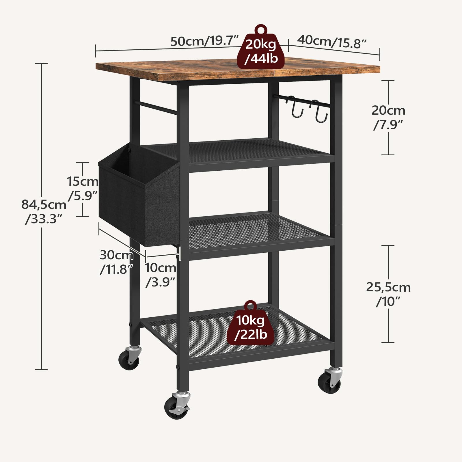 MAHANCRIS Support d’Imprimante à 4 Niveaux avec roulettes, Étagère de Rangement de Style Industriel, avec Pochette, Plateau en Bois, 2 Crochets, pour Bureau, Marron Rustique et Noir APTHR2601