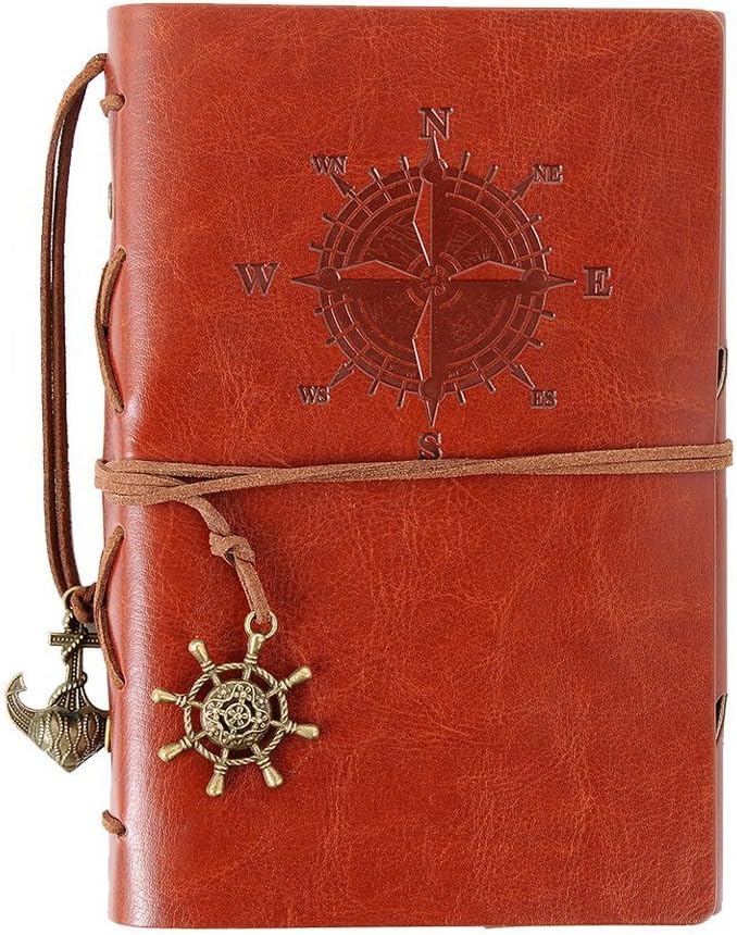 MODANA Leather Journal Refillable Notebook Premium Retro Spiral Notebook Classic Binder Vintage Embossed Travelers Journal with Blank Kraft Paper and Retro Pendants (A6, Brown)