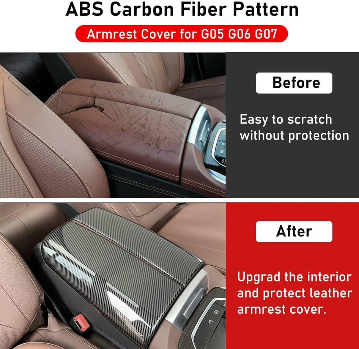 2Pcs Carbon Fiber Style Centre Console Armrest Lid Cover Trim Decoration Set for 2019-2024 BMW X5 G05 & X5M F95, X6 G06 & X6M F96, X7 G07