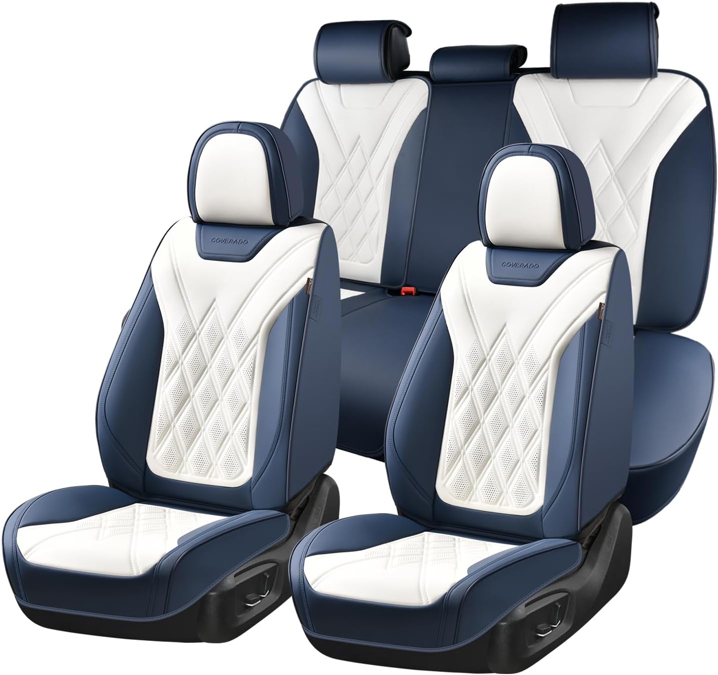 Coverado Car Seat Covers Full Set, Seat Covers for Cars, Waterproof Leather Automotive Seat Cover, Universal Car Interior Protectors Cushion for Most Cars Blue_White