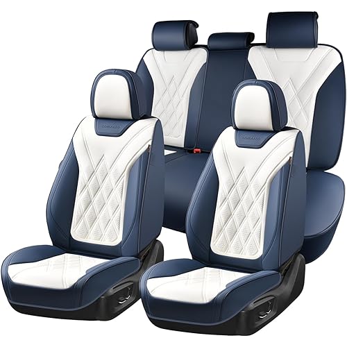 Coverado Car Seat Covers Full Set, Seat Covers for Cars, Waterproof Leather Automotive Seat Cover, Universal Car Interior Protectors Cushion for Most Cars Blue_White