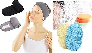 Facial Spa Headband, 2 Pcs Makeup Shower Bath Wrap Sport Headband Terry Cloth Adjustable Stretch Towel with Magic Tape For Women and 2pcs Face Cleansing Sponge Puff Makeup Washing Pad Deep Cleansing & Exfoliating Facial Sponge - multi Color(pack of 4-mult