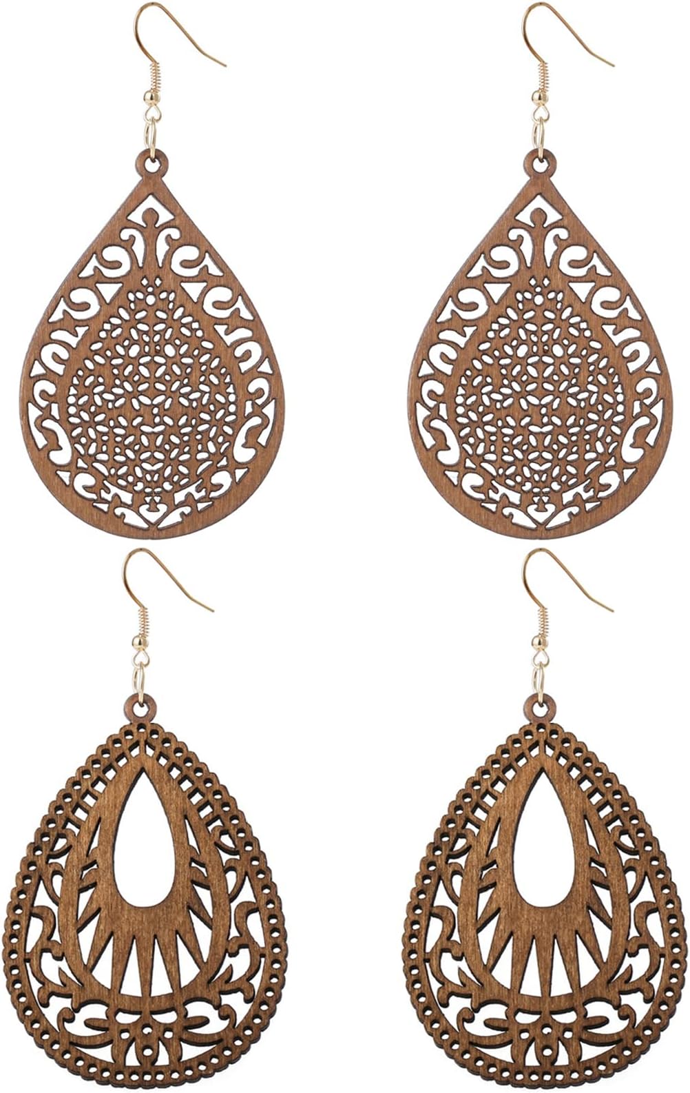 WovanooWooden Hoop Earrings for Women 2 Pairs Natural Wooden Teardrop Earrings Lightweight Drop Dangle Earring