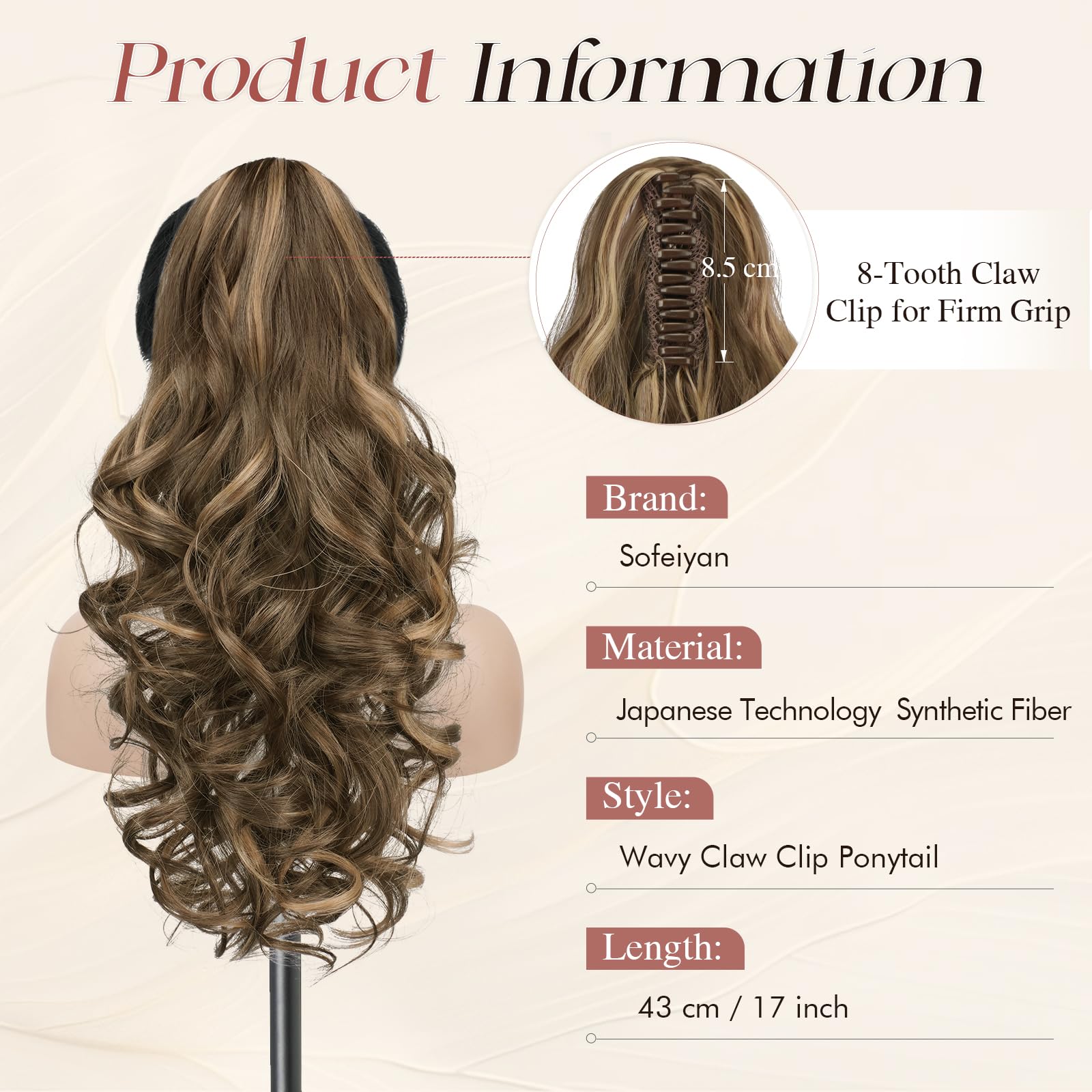 Sofeiyan Coleta Postiza Rizada 43cm con Pinza de Garra, Extensión de Pelo Sintético de Aspecto Natural Cola de Caballo Falsa para Mujer, Rubio Miel Mezclado con Castaño Claro