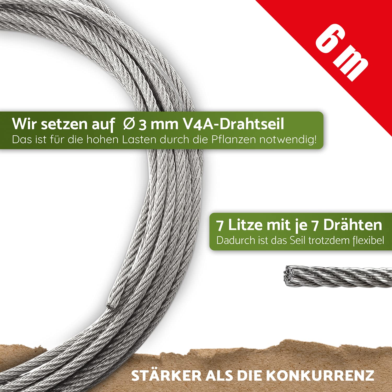 Support pour Plantes grimpantes, kit Complet en Acier Inoxydable avec Supports muraux et Corde de 3 mm (4 Supports, 6m de Corde)
