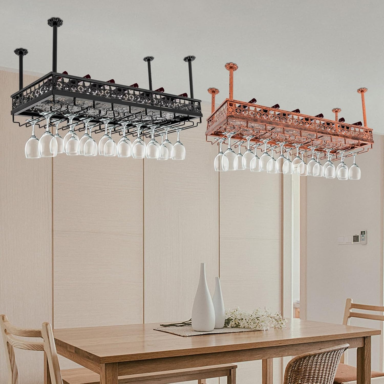 Ceiling Wine Glass Rack, Hanging Wine Rack with Glass Holder, 13.78-21.65 in Height Adjustable, Maximum Load 110.23 lbs, Stemware Hanger Metal Bar Floating Shelf for Bar Kitchen