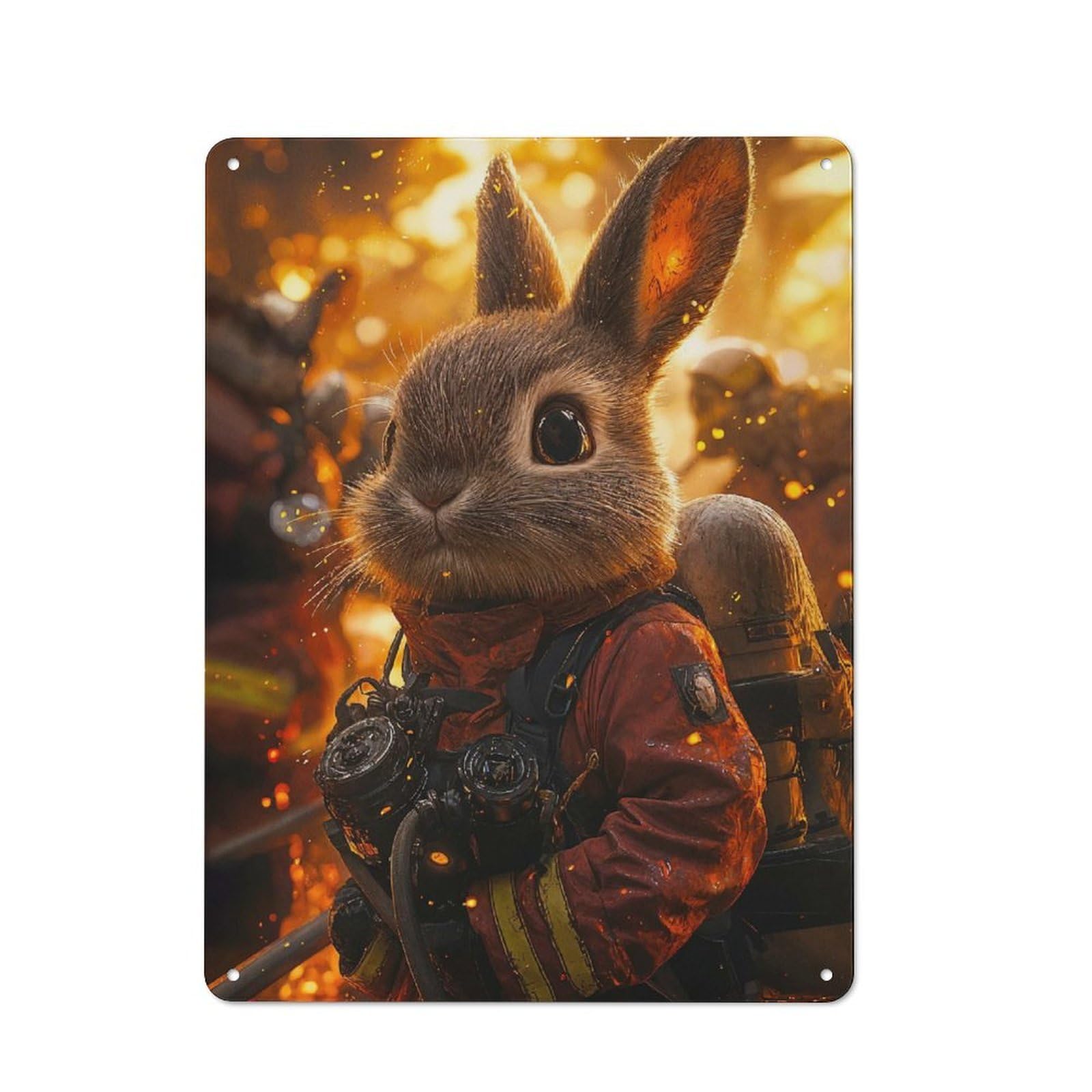 Junmoney Brave Bunny Firefighter Metal Sign 40X30cm With For Workshop Wall, Vintage Decor, A Decorative Christmas Gift For Metal Sign Collectors