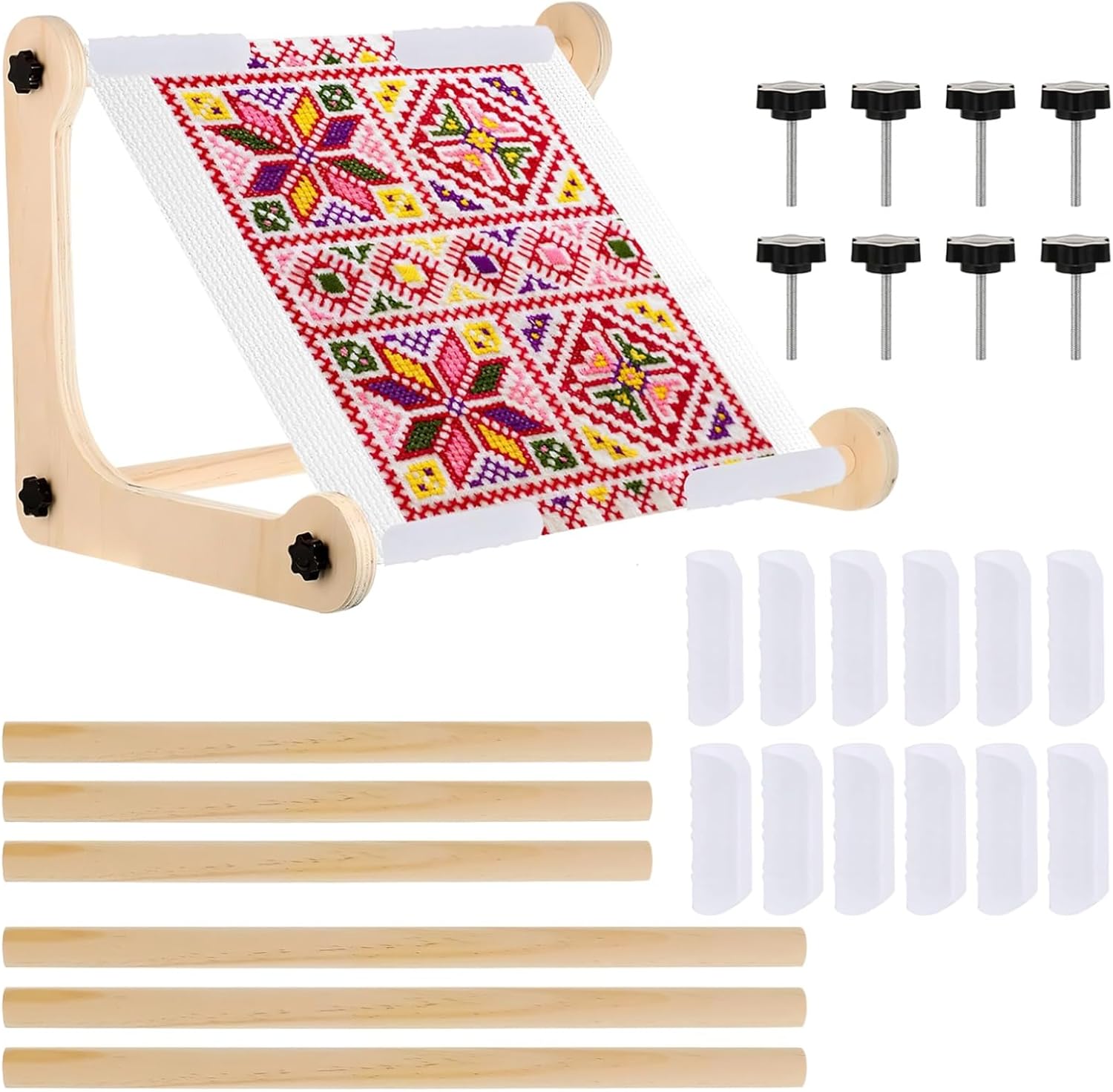 Wooden Embroidery Stand Set, Adjustable Embroidery Frame Stand Tabletop, Includes Clips, Natural, Wood Rod: 15.7 & 11.8 in, L Shape Stand: 11.7x11.7 in