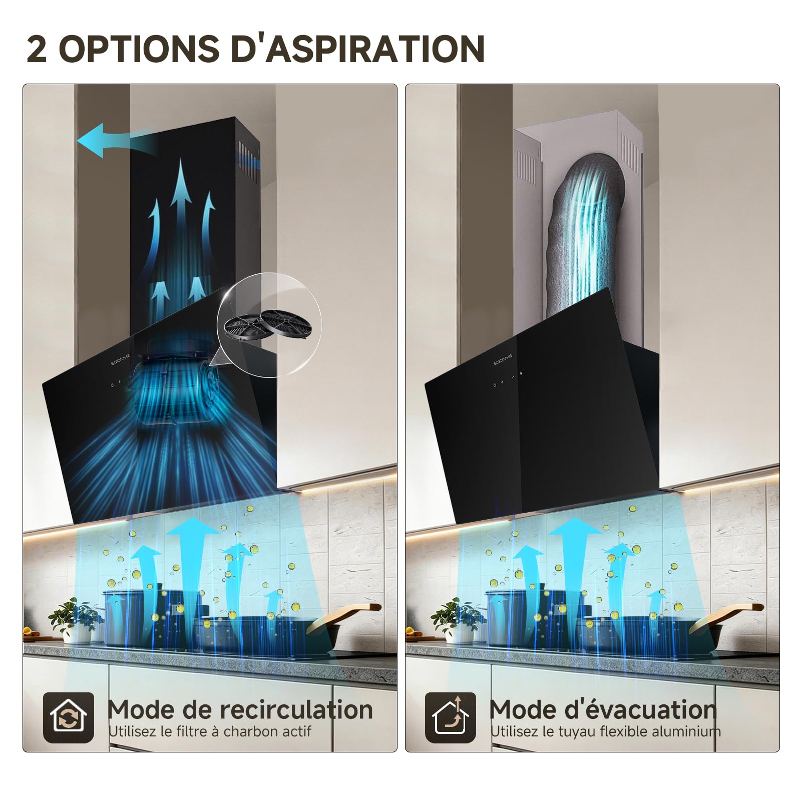 Hotte Aspirante Inclinée 60cm Classe A+++, Hotte de Cuisine 380m³/h, Écran Tactile LED,Filtres à Charbon Inclus,Hotte Murale Évacuation extérieure ou Recyclage,Noir
