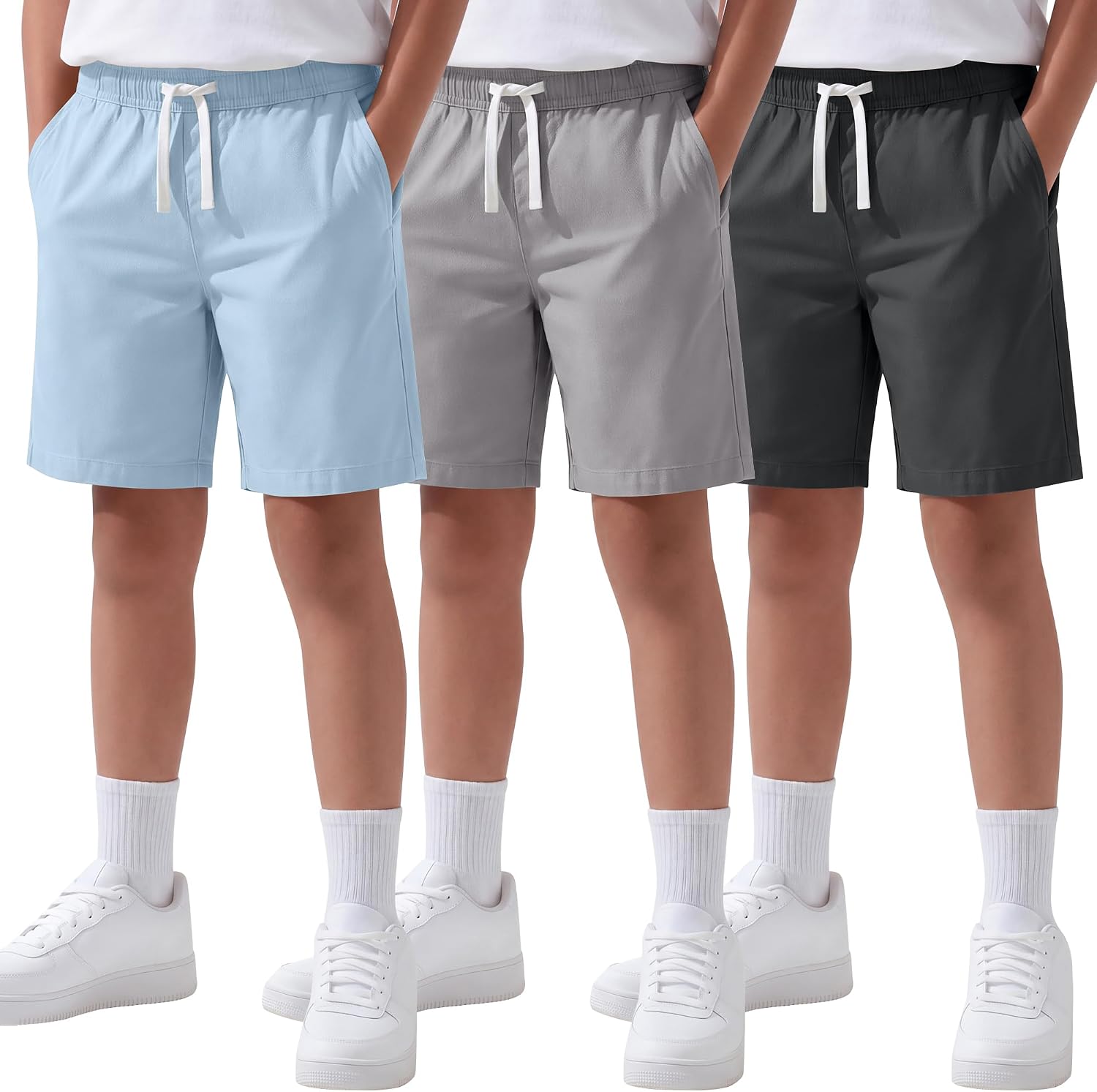3 Pack Boys Uniform Shorts Performance School Wear Casual Loose Pull on Summer Elastic Waisted Shorts with Pocket