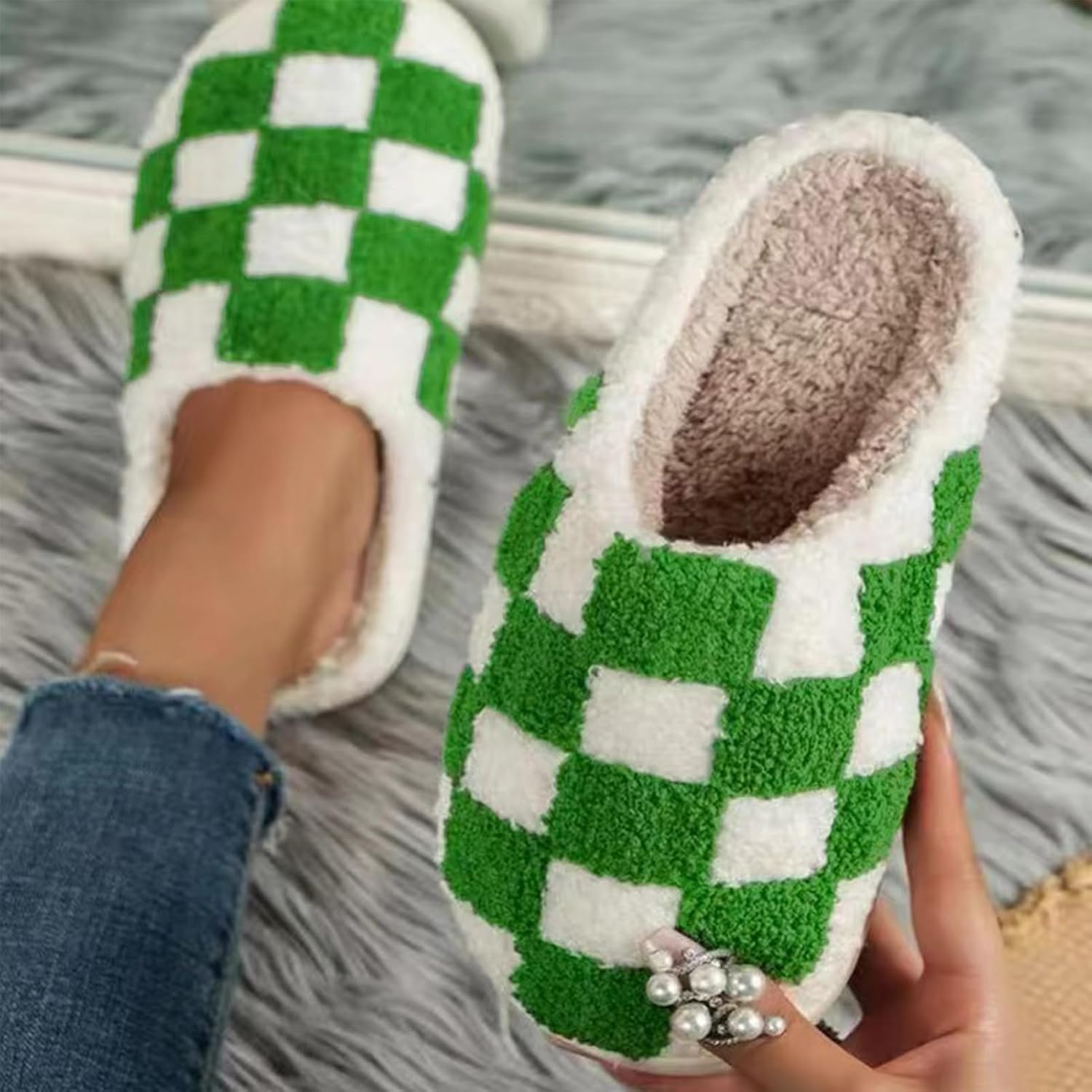 Halloween Christmas Slippers Checkered Scuff for Women and Men Holiday Indoor Bedroom Fluffy Warm Fleece Slippers Winter Soft Cozy Home Non-Slip Soft Plush Slip-on Wool Lined House Shoes - Image 2