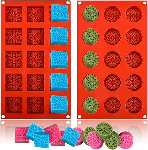 Mousse - Moldes de silicona para tartas, paquete de 2, 15 cavidades, 1.57 x 1.57 x 0.59 pulgadas, molde redondo cuadrado de chocolate para tartas de