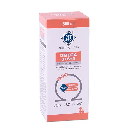 PET360 Omega 3+6+9 | Blend of Salmon & Flax Seed Oils for Dogs & Cats with Fur & Coat Protectives | Reduced Shedding | Shiny Coat | Healthy Joints | Nutritional Supplement for Pets - 500 ml