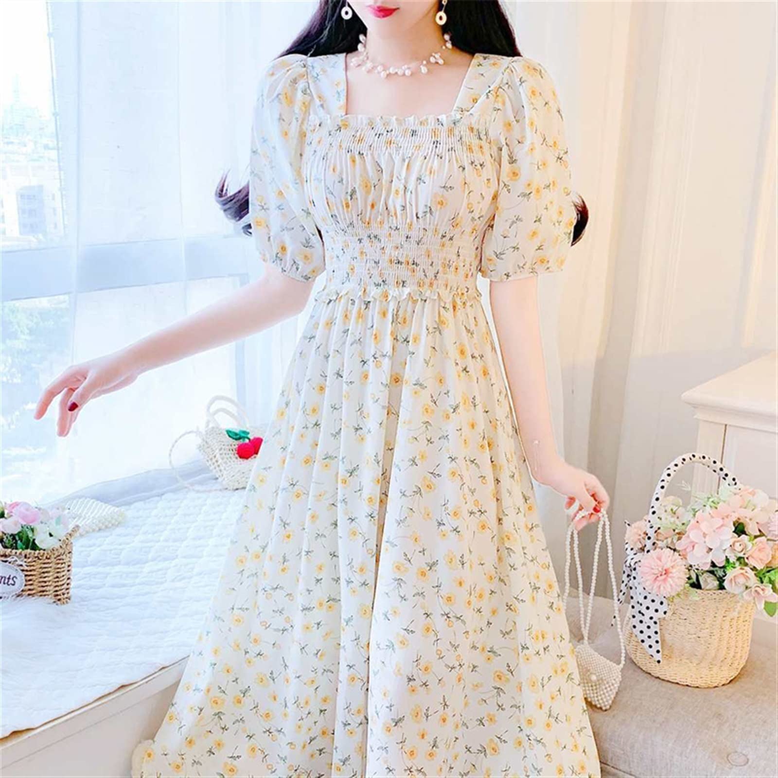 knee length dresses for ladies Lush Lemon Poplin Midi Dress with Balloon Sleeves & Pockets
