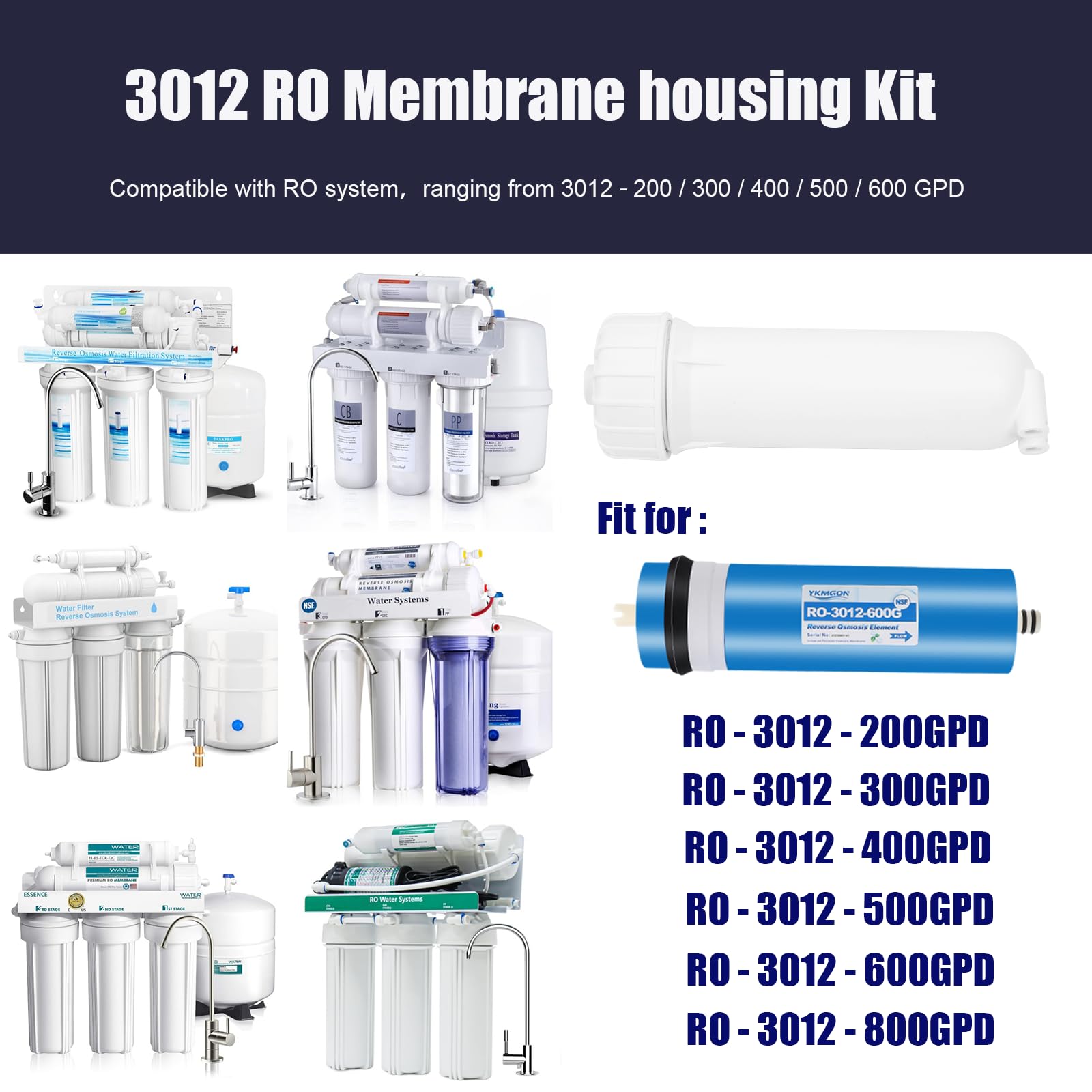 3012 Kit de carcasa de membrana de ósmosis inversa con ajuste de conexión rápida | Para sistemas universales de filtro de agua de ósmosis inversa 200/300/400/500/600 GPD
