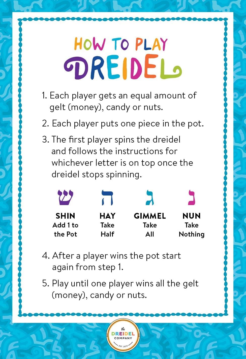 The Dreidel Company Hand Painted and Wooden Pastel Blue & White Design Dreidels, 100-Pack The Hanukkah Game Includes Instruction Game Card