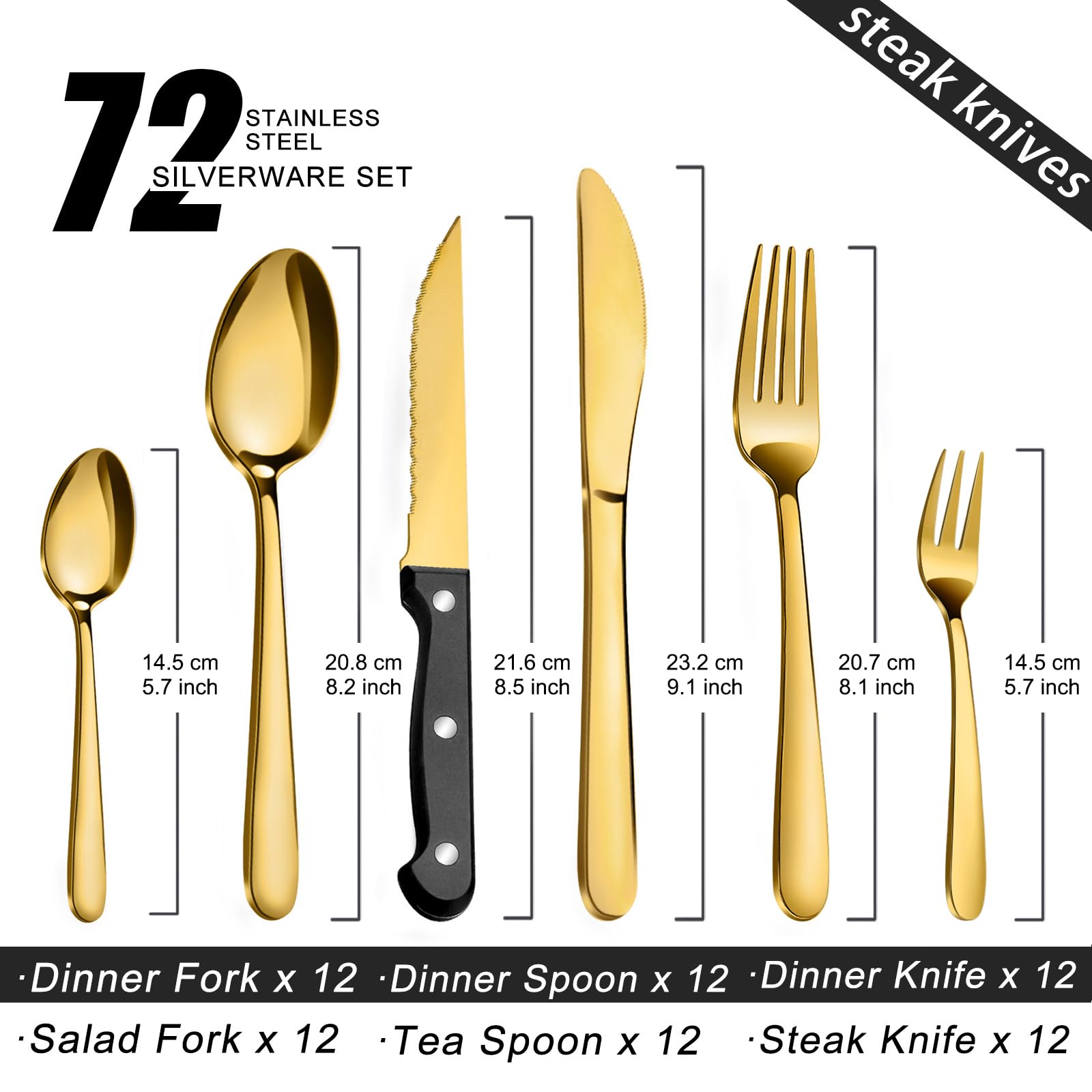 Pleafind Couverts de Table 12 personnes, 72 Pièces Couvert Dorés, Set de couverts en acier inoxydable avec couteau à steak, compris fourchettes, cuillères, couteaux, résistant au lave-vaisselle