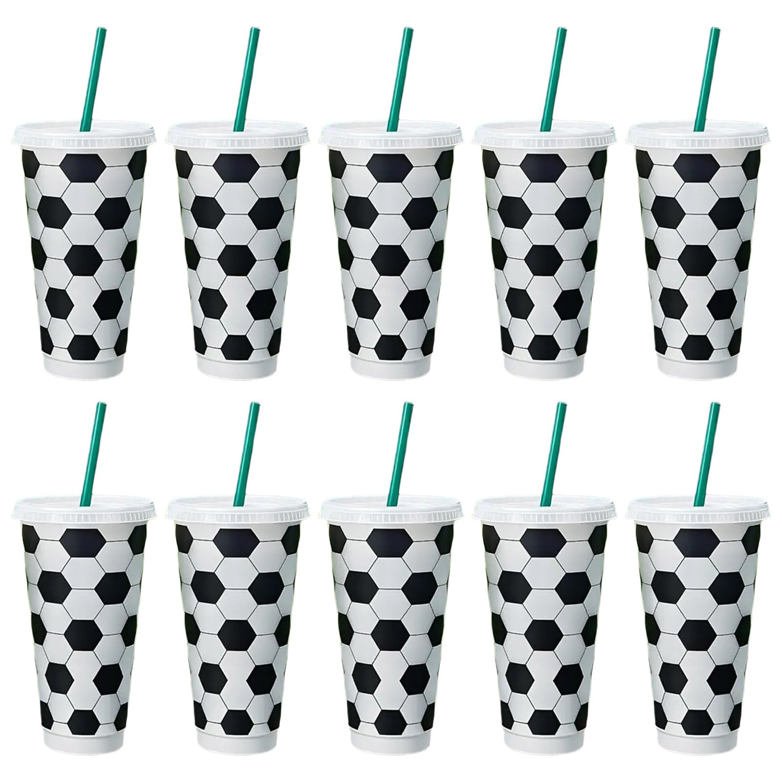CAZSTYK Of 10 Football Themed Elegant Water Cup with Lid and Straw Glasses for Sports Lover and Home Use Soccer Theme Water Bottles