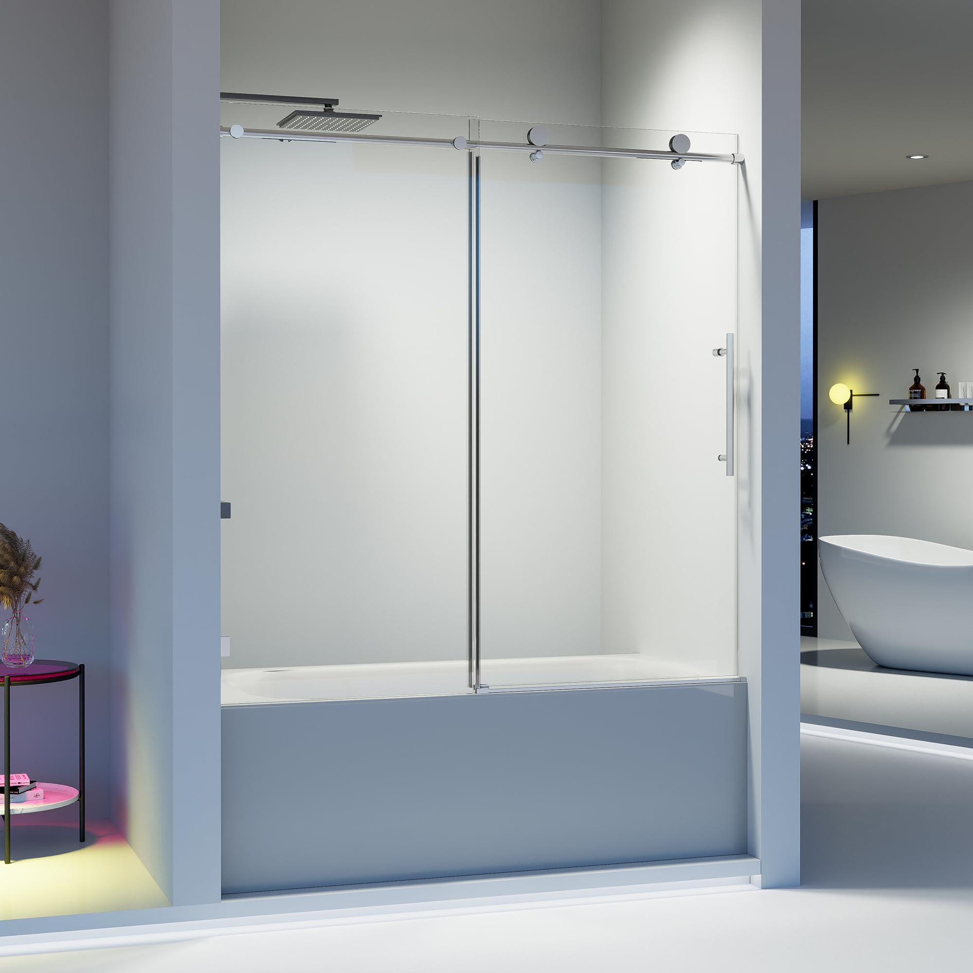 56-60" w x 60" h sliding tub door, frameless single sliding tub shower door, 5/16"(8mm) thick sgcc tempered glass, slow close design, stainless steel handle, shower glass door, chrome