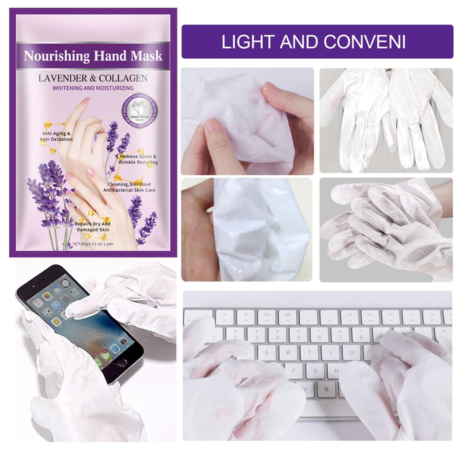 VolksRose Lavender Hand Mask Gloves - Overnight Hand Moisturizing Gloves for Dry Cracked Hands Repair, 5 Pairs Softening Spa Treatment for Rough Skin, Self Care Gifts Set for Women, Stocking Stuffers