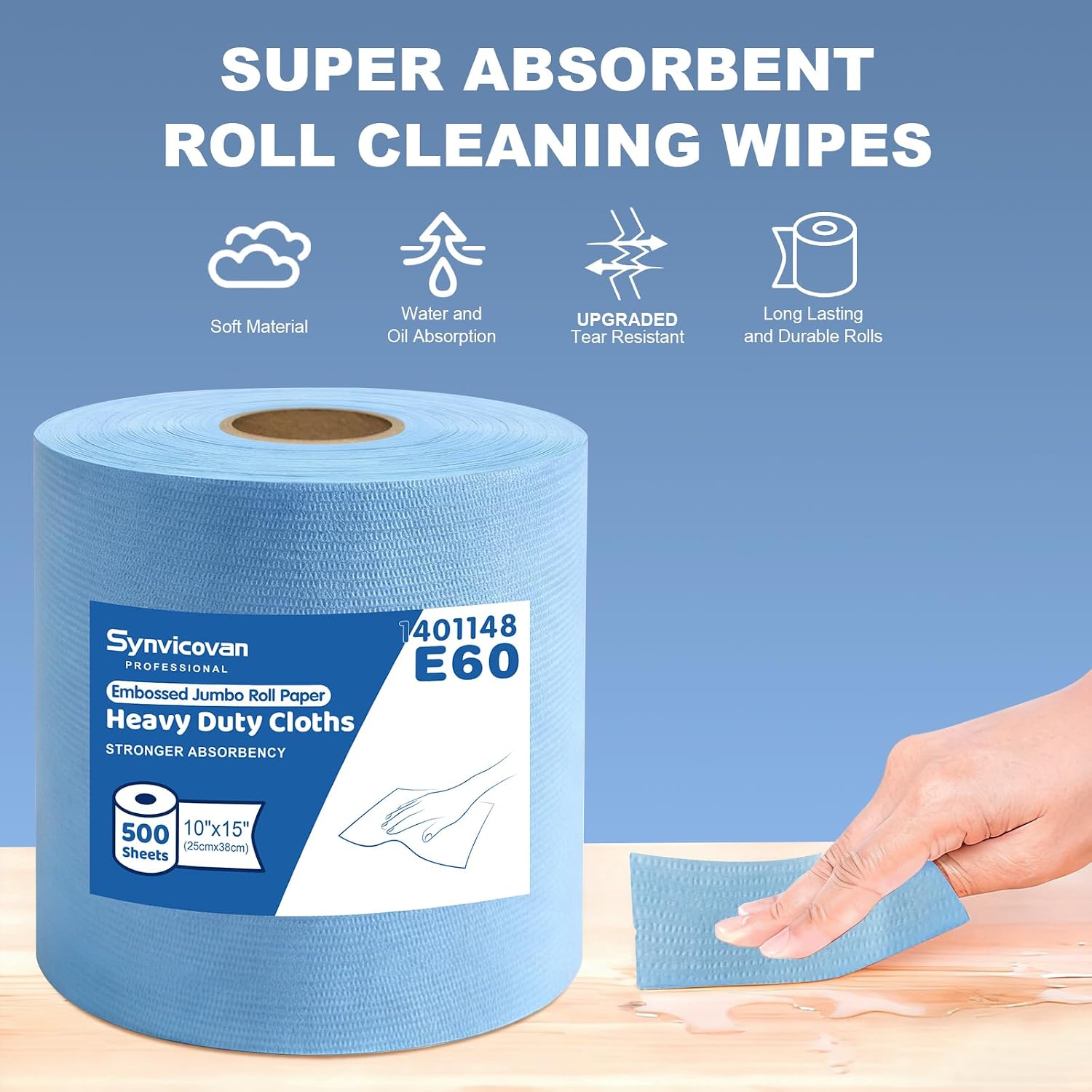 Embossed Jumbo Roll Industrial Cleaning Wipes, Lint-Free Super Absorbent Heavy Duty Cloths,Blue,1 Roll 500 Sheets, 10"×15" Per Sheet