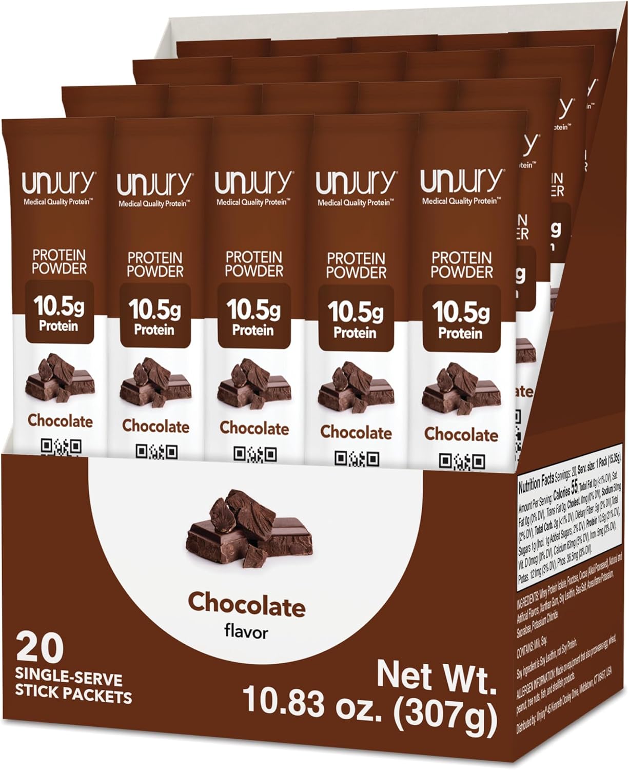 Unjury Whey Protein Powder Individual Stick Packs | Chocolate | 10.5g 100% Whey Isolate Protein Powder | Low Carb and Lactose Free | Gluten Free | Certified Kosher | 20 Servings