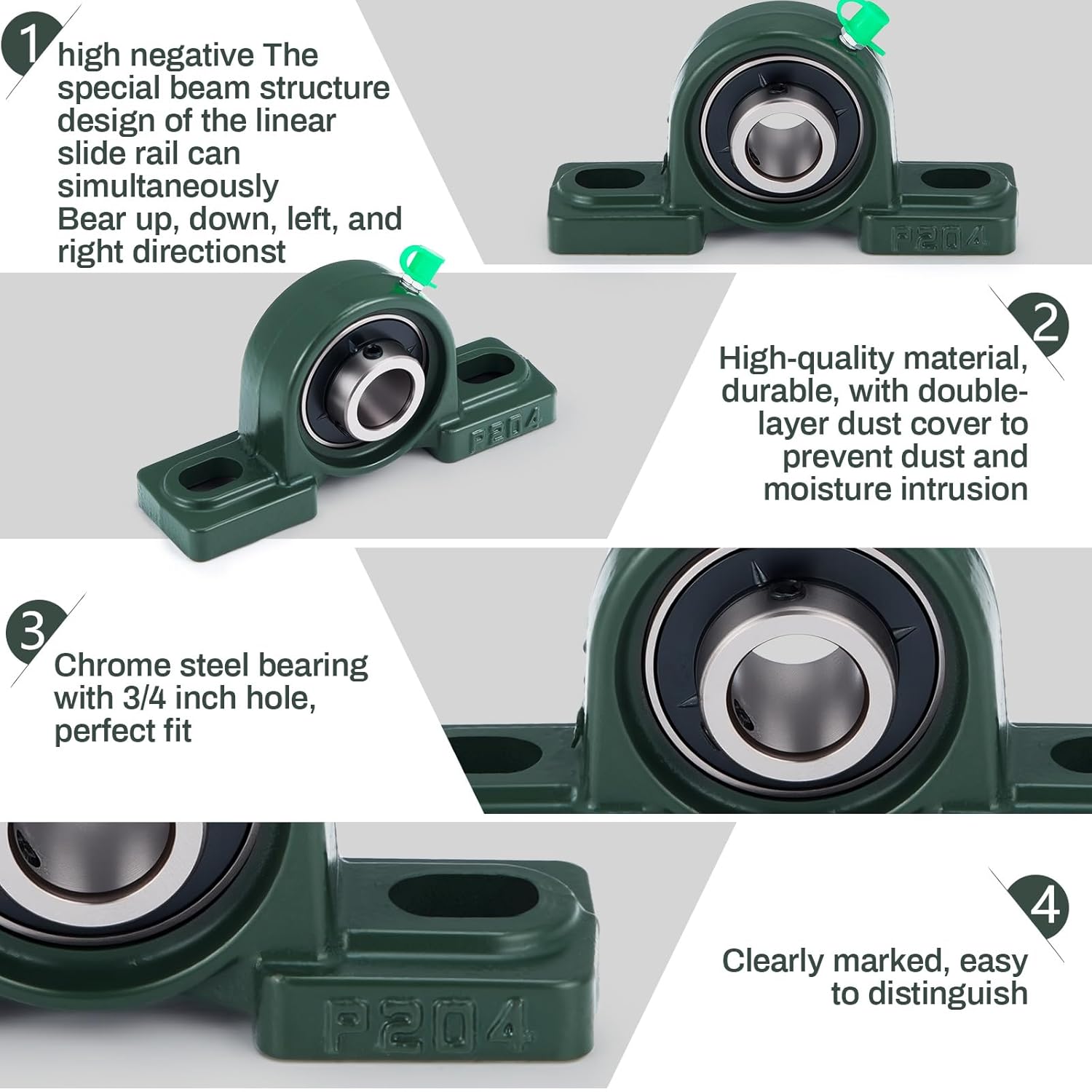 Gisafai 4 Pcs Ucp204-12 Pillow Block Bearing with 3/4" Bore Flange Mounted Pillow Block Ball Bearing Self Alignment Cast Iron Housing Steel Unit for Industry, Green