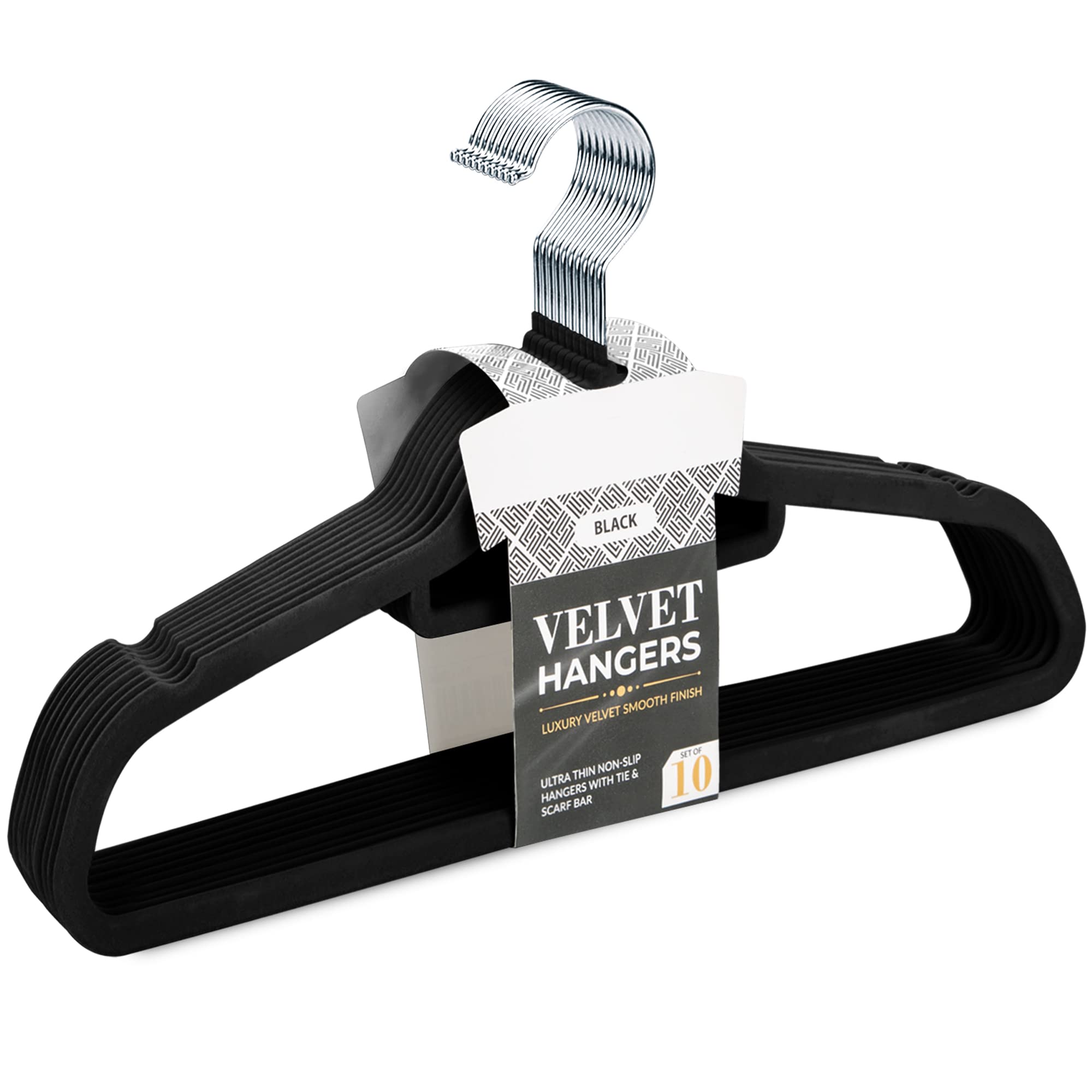 Non Slip Velvet Coat Hangers - Slim Flocked Wardrobe Coathanger for Clothes, Trouser, Scarf, Suit - Black - 10 Hangers