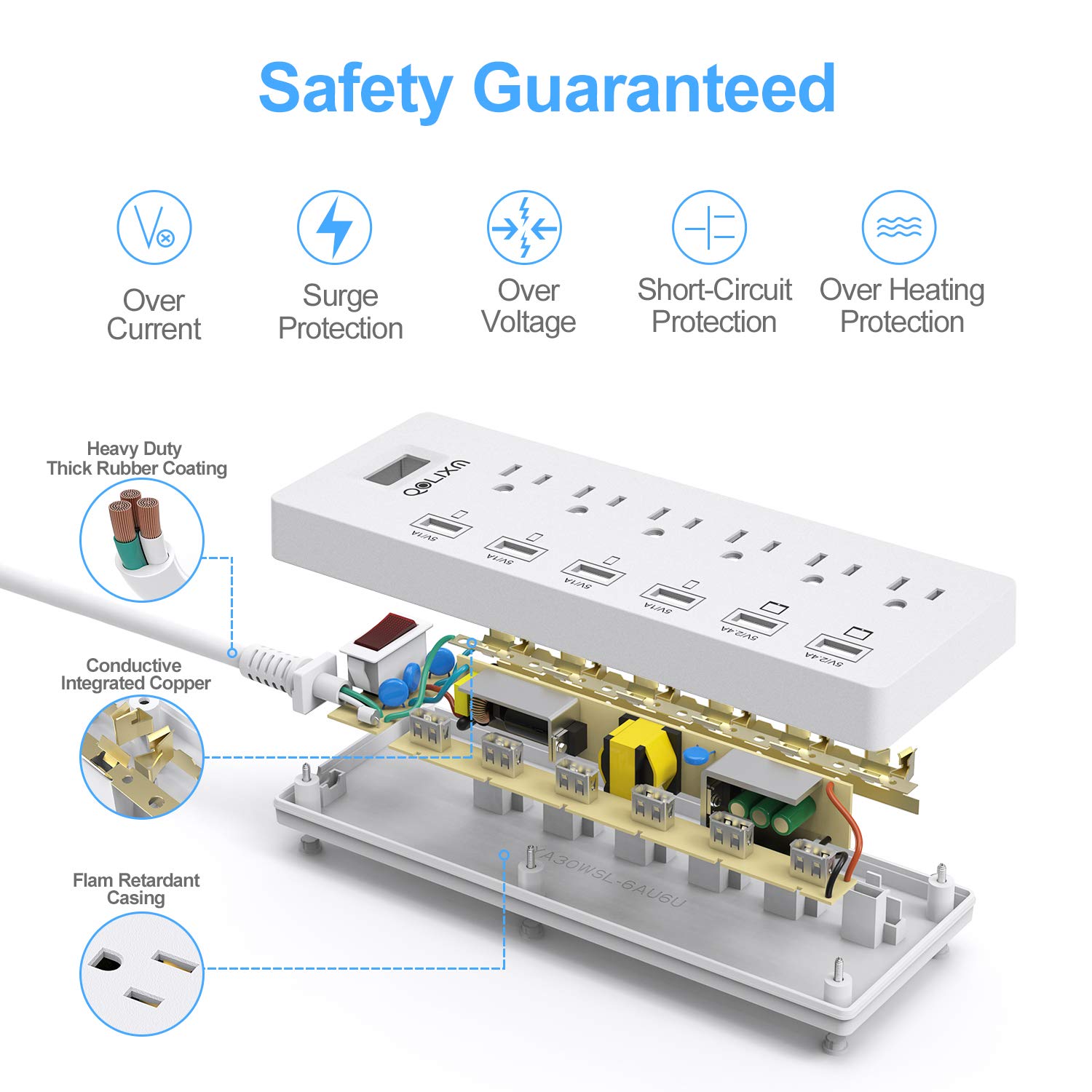 Power Strip Surge Protector z portami USB Płaska wtyczka z ochroną przed przeciążeniem (White)