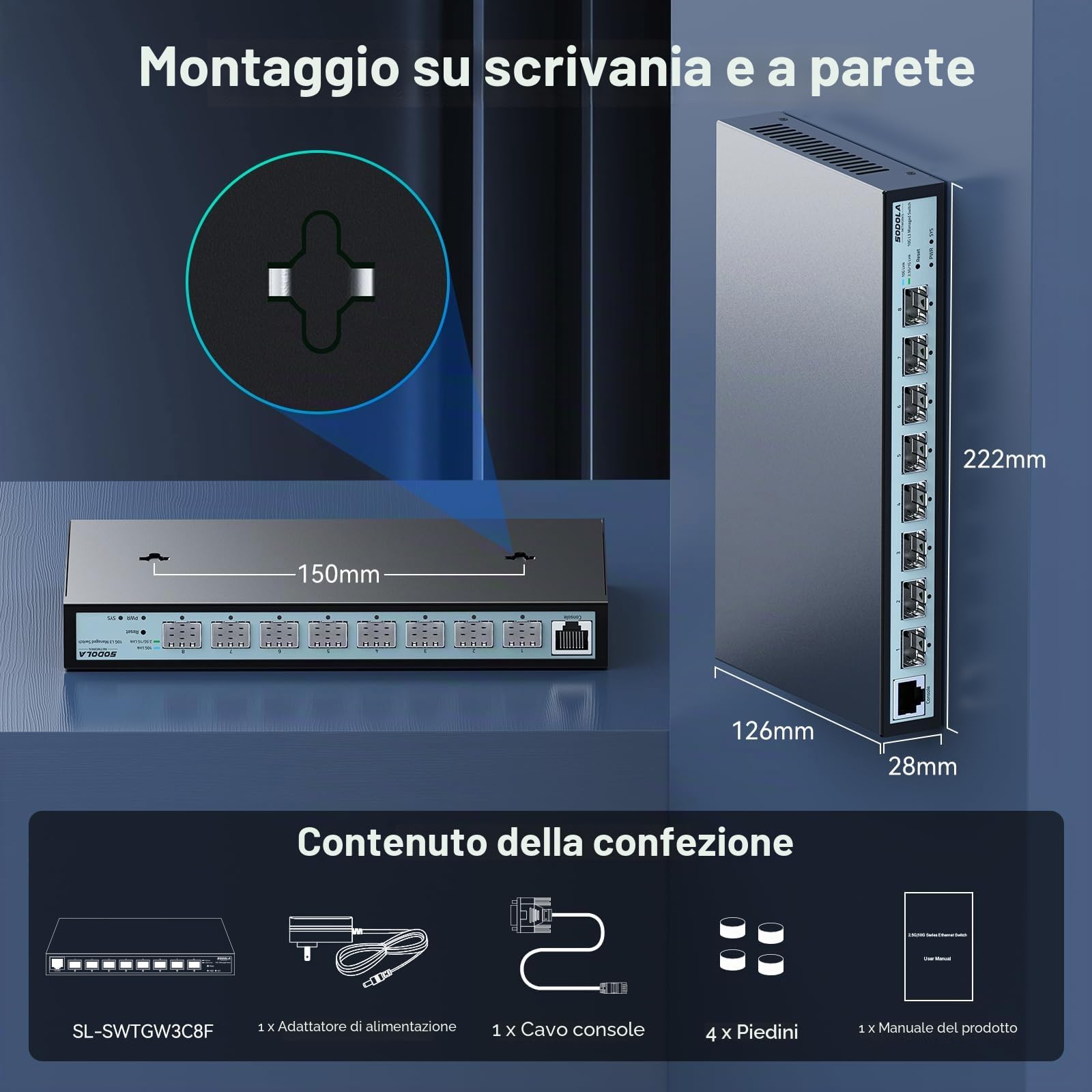 SODOLA Switch a 8 porte da 10 Gbit, gestito L3, porte SFP+ 8 x 10G | Link Aggregation/QoS/VLAN/IGMP, switch di rete senza ventole da 10 Gb Multi-Gig Layer 3 Management