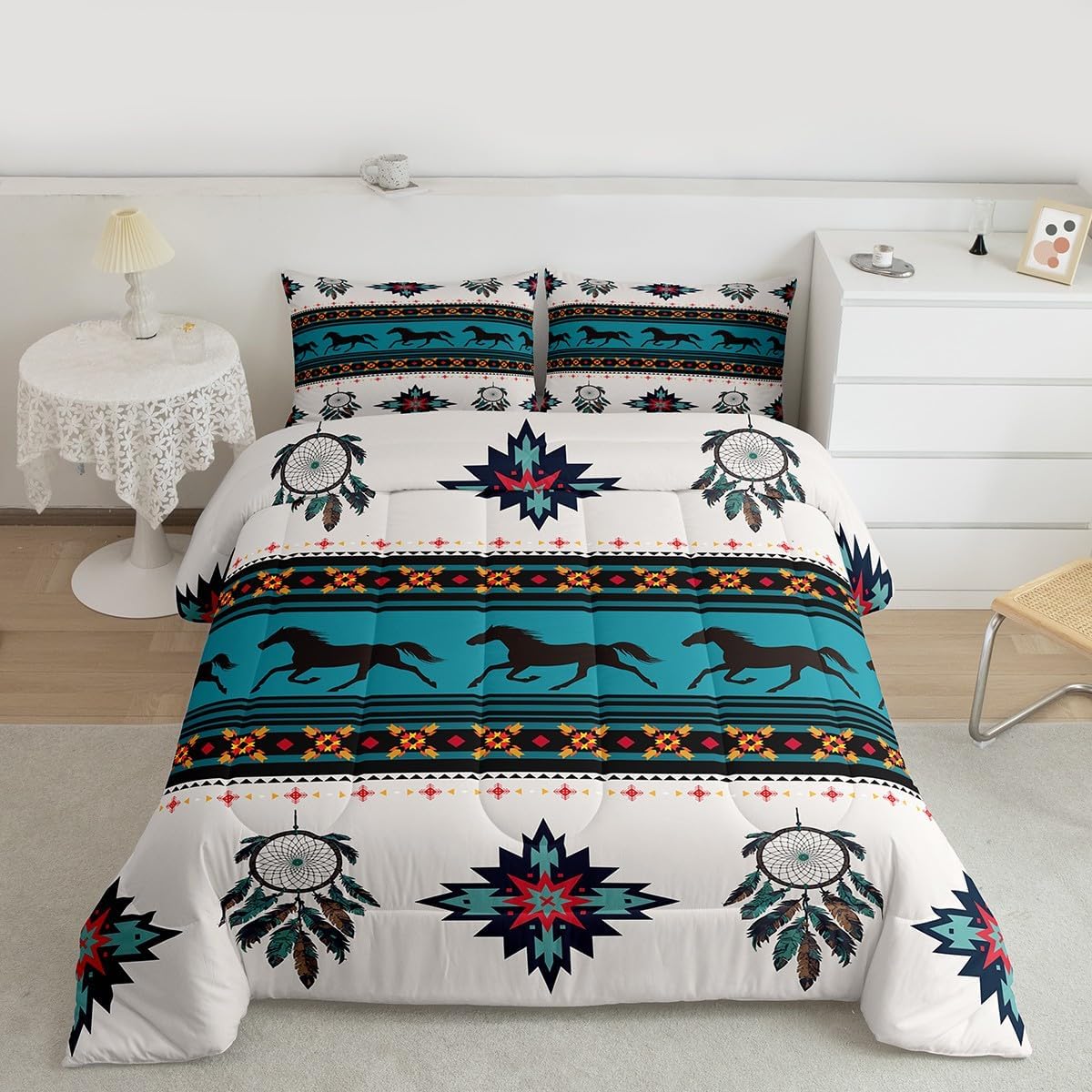 Feelyou Horse Comforter Dreamcatcher Comforter Set Boho Exotic Bedding Set for Boys Girls Teens Decor Bohemian Native Tribal Comforter for All Season Twin Size Boys