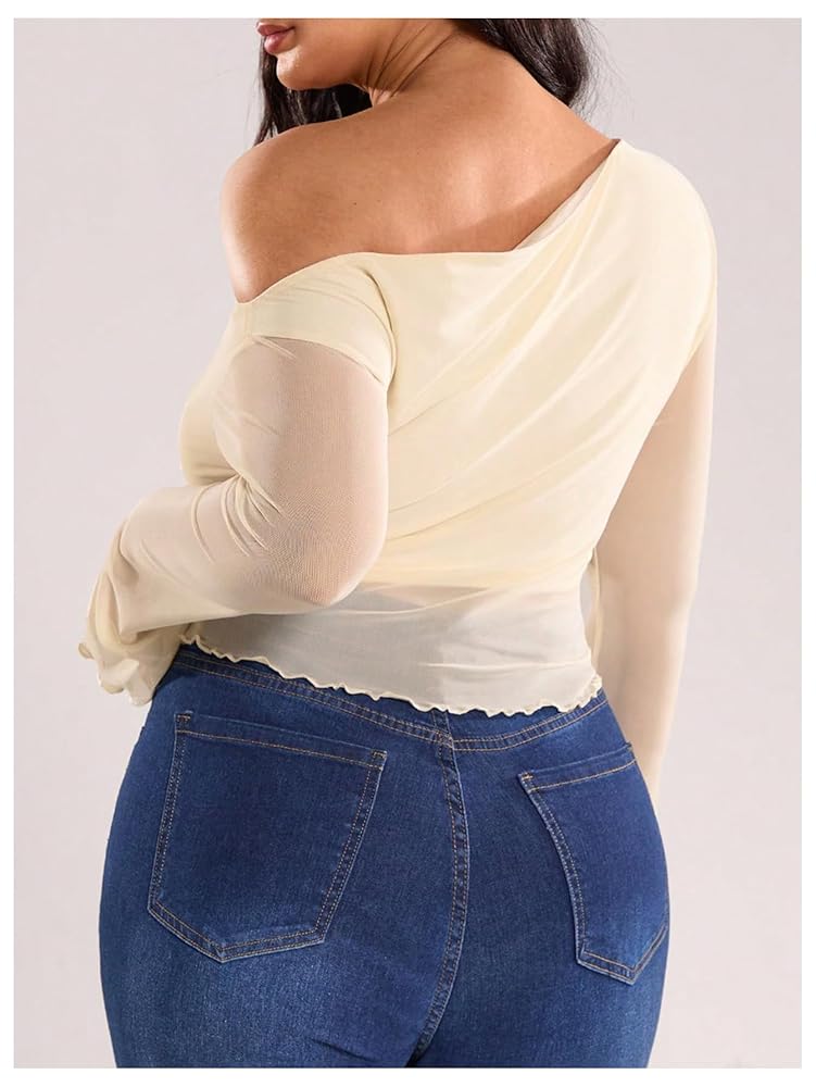RoseSeek Women's Plus Size Sheer Mesh Off Shoulder Tops Long