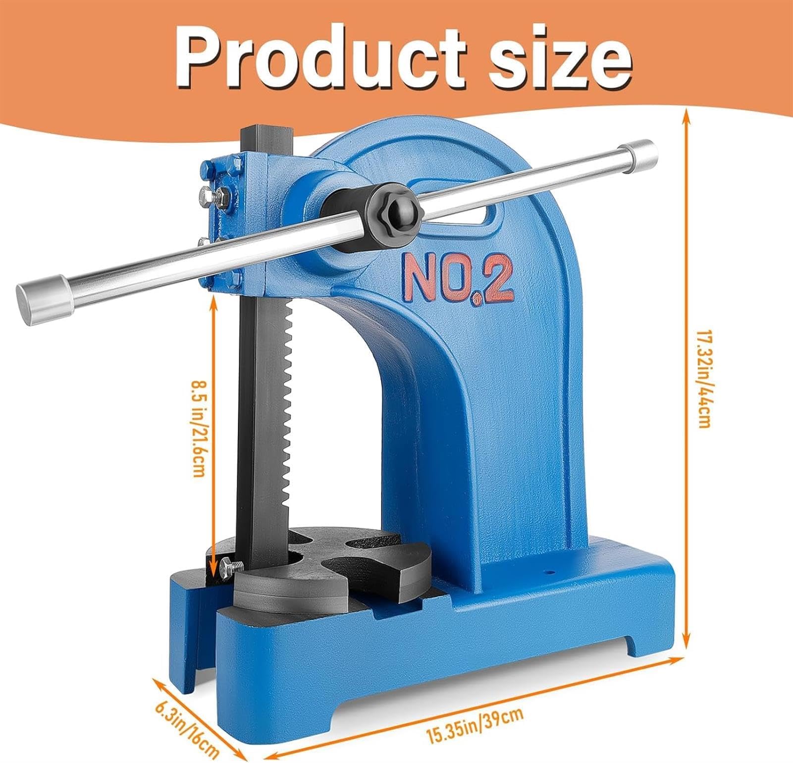 Pressa da tavolo manuale resistente con capacità di 2 tonnellate, stantuffo reversibile e altezza di lavoro di 21,6 cm per applicazioni di stampaggio, piegatura e formatura di precisione