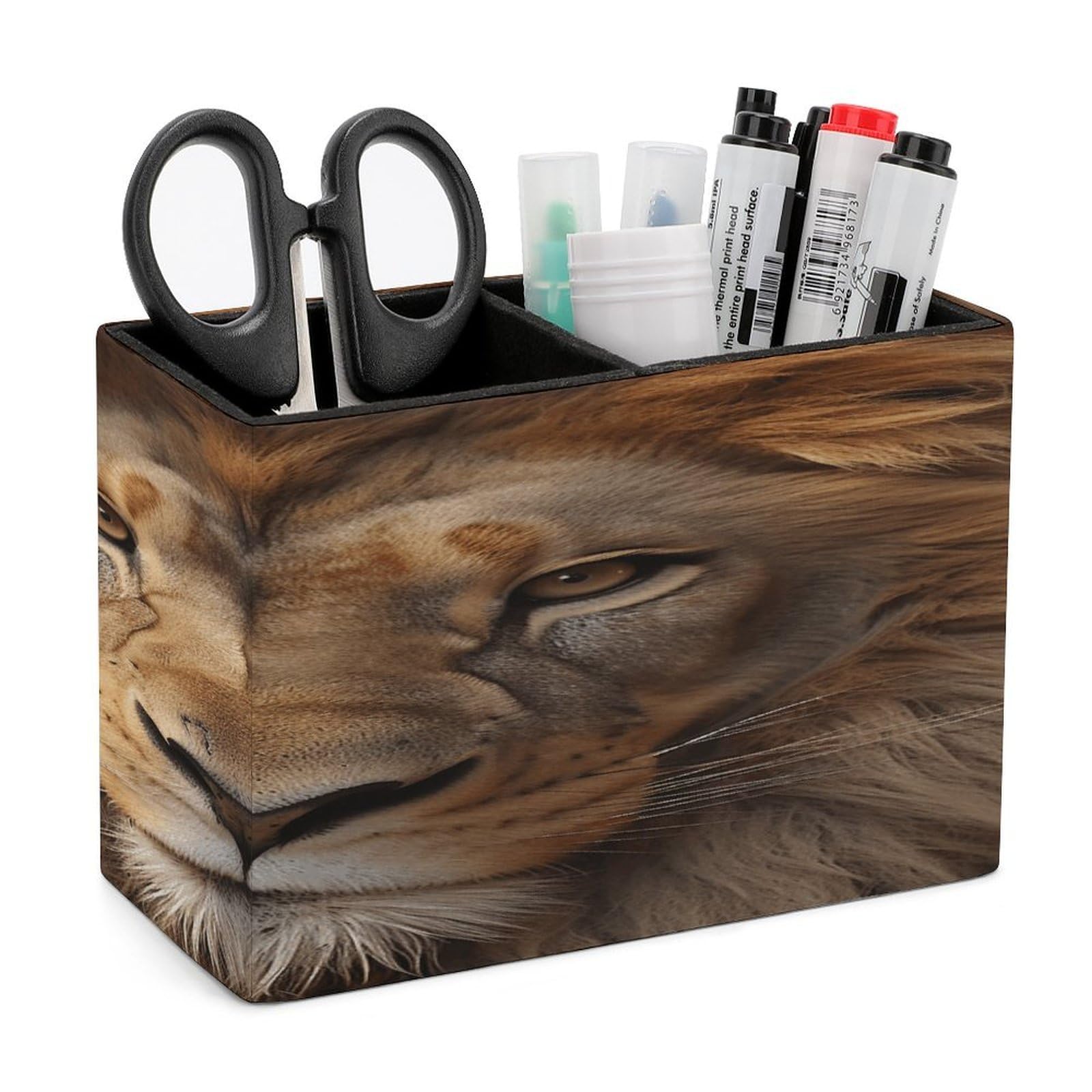 VstaDank African Lion Head Pencil Holder for Desk Organizer 2 Compartments Pen Cup Leather Square Pen Holder Pencil Cup Stand Makeup Brush Holders for Desktop Organizer Storage Case