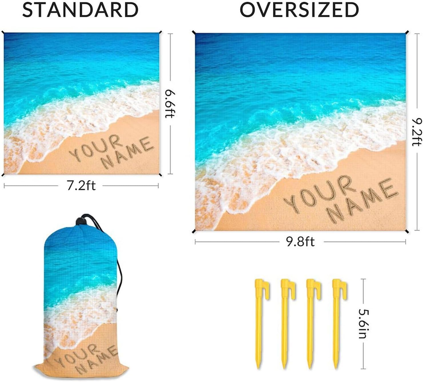 Waterproof Sandproof Beach Blanket - Custom 110'' x 118'' Extra Large Beach Mat with 4 Stakes & Corner Pockets - Foldable Outdoor Accessories Blankets for Travel, Hiking, Camping