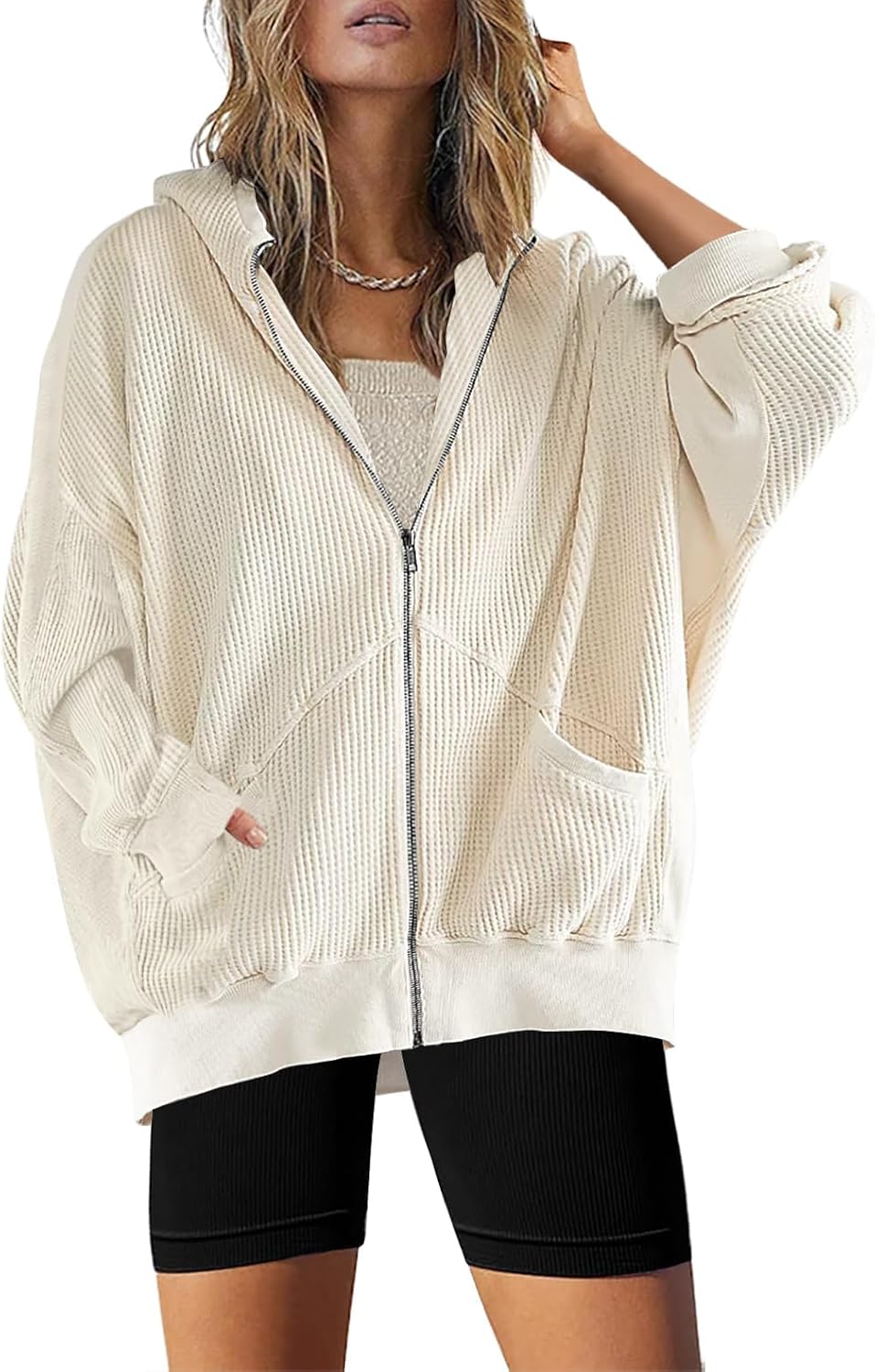 Womens Fashion Zip Up Hoodies Oversized Waffle Knit Jacket Shirts Long Sleeve Solid Shacket Blouse with Pockets