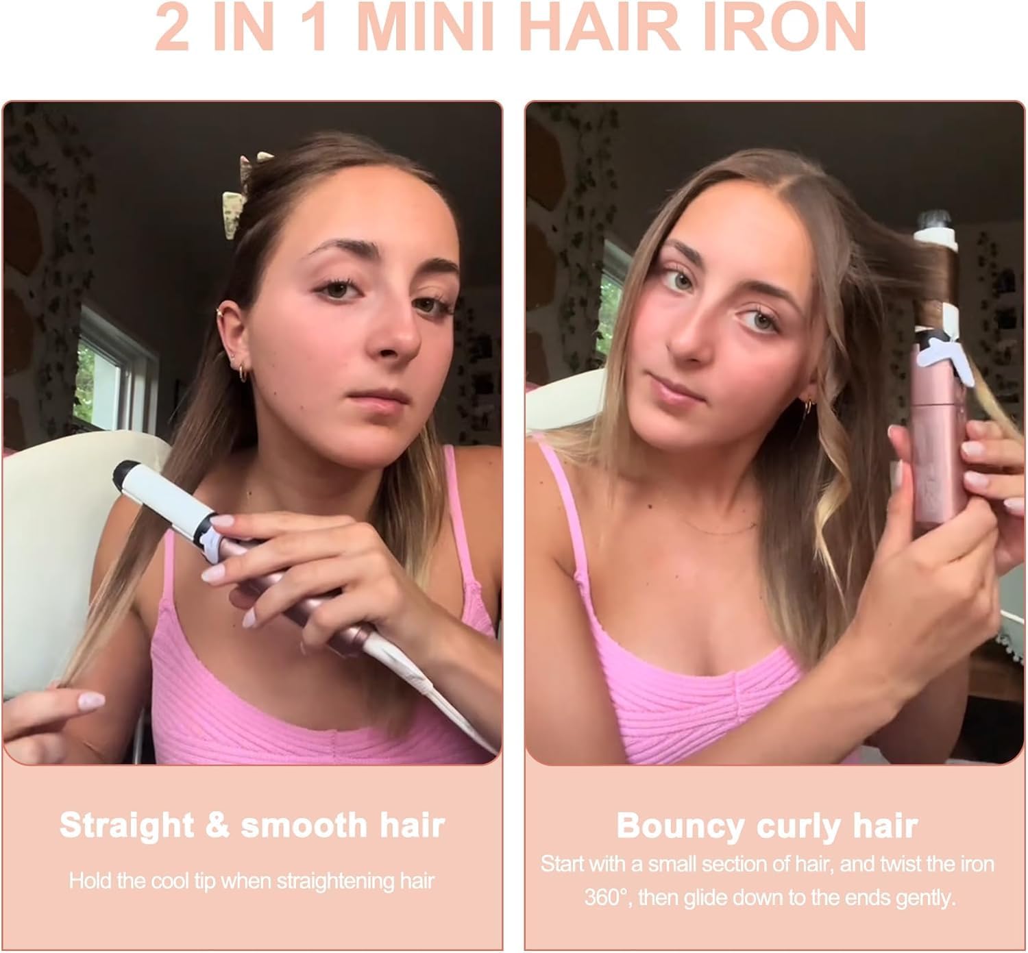 VAV Mini 2-in-1 Hair Straightener & Curler,Dual Voltage (100-240V) Travel Flat Iron with 1 Inch Ceramic Plates - Fast Heating,Lightweight & Portable for Short Hair