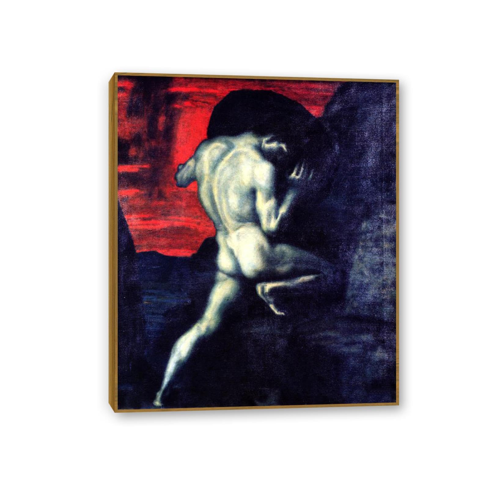 Hau3sh3a Framed Franz Von Stuck Wall Art Print Sisyphus Symbolism Canvas Poster Famous Artwork Wall Decor For Living Room Bathroom Office 90X70cm(36X28in) Teak Frame